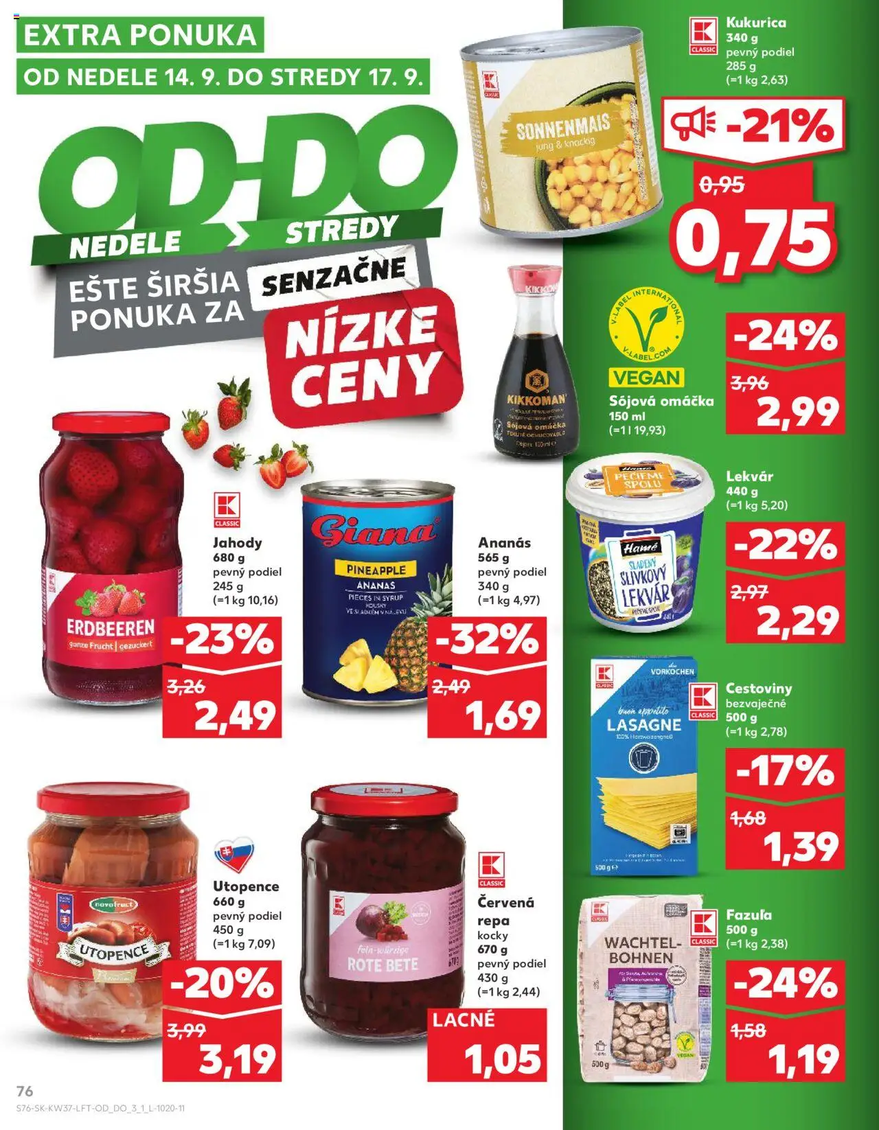 Náhľad Kaufland letáku platného od 11.09.2025 - Cestoviny, Kukurica, Jahody, Fazuľa, Omáčka, Lekvár, Červená repa, Ananás