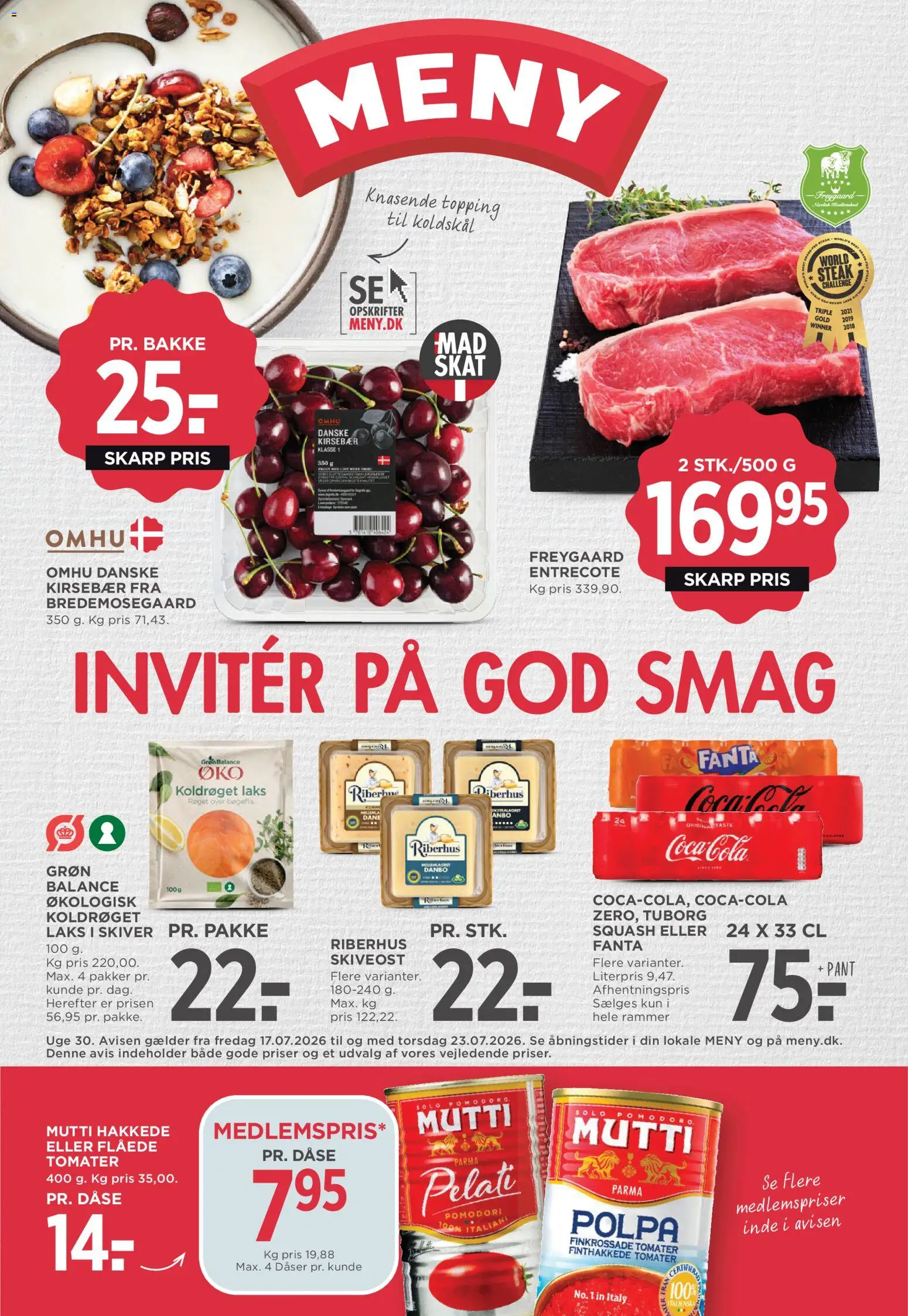 Eksempel på tilbudsavis Meny - Tilbudsavis uge 30 fra butik Meny gyldig fra 17/07/2026 - Squash, Laks, Cola, Rammer, Kirsebær, Fanta, Tomater, Skiveost