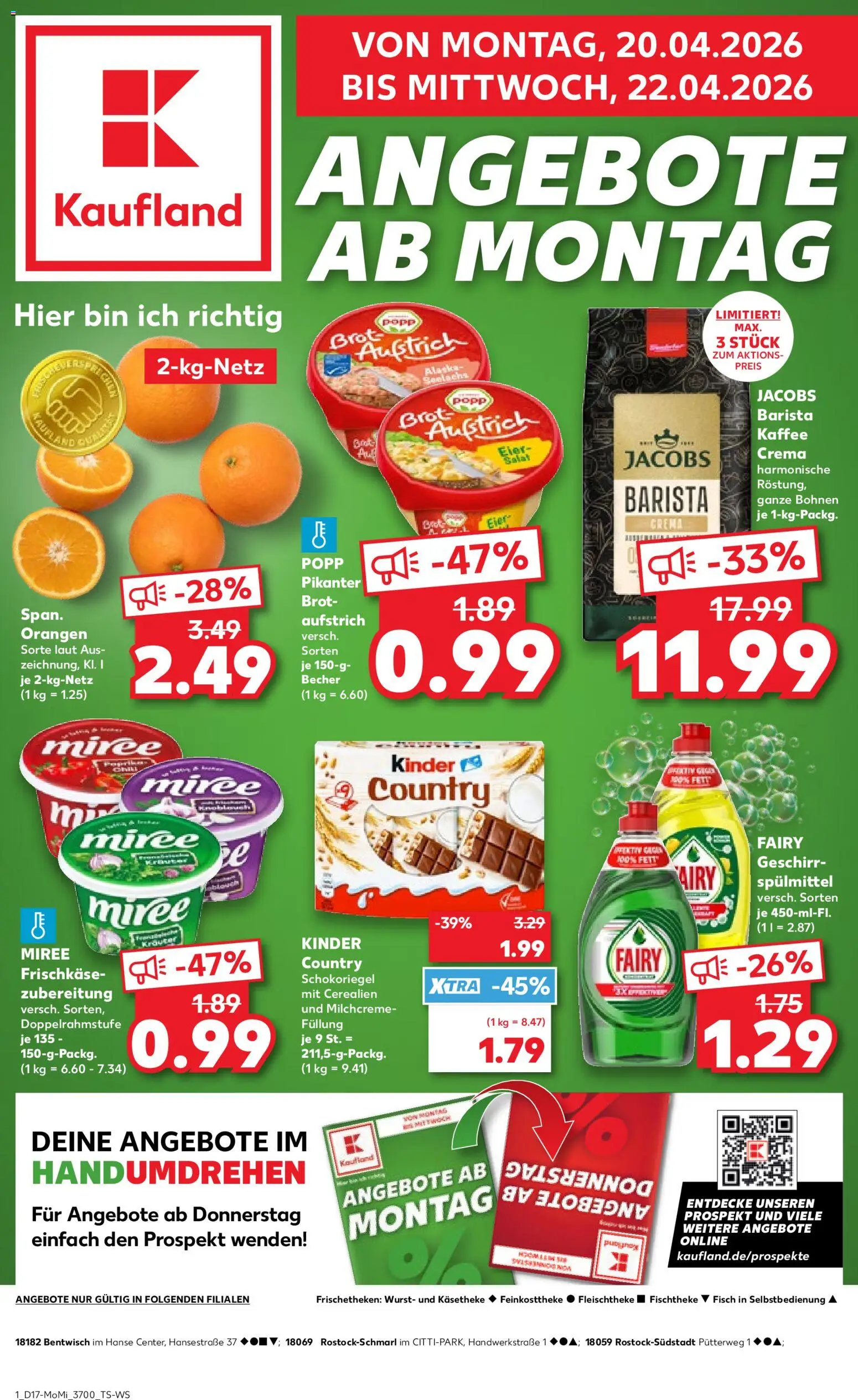 Vorschau von dem Prospekt des Geschäftes Kaufland, gültig ab dem 20.04.2026 - Kaffee, Wurst, Brot, Eier, Orangen, Geschirrspülmittel, Frischkase, Kinder country
