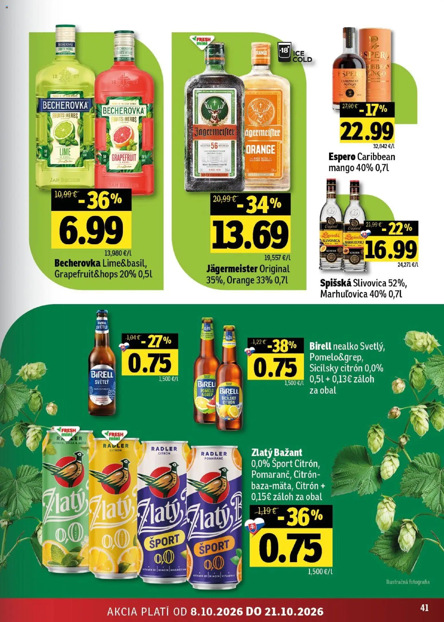 Náhľad Fresh letáku platného od 08.10.2026 - Mango, Becherovka, Slivovica, Birell, Grapefruit, Radler, Grep, Zlatý Bažant