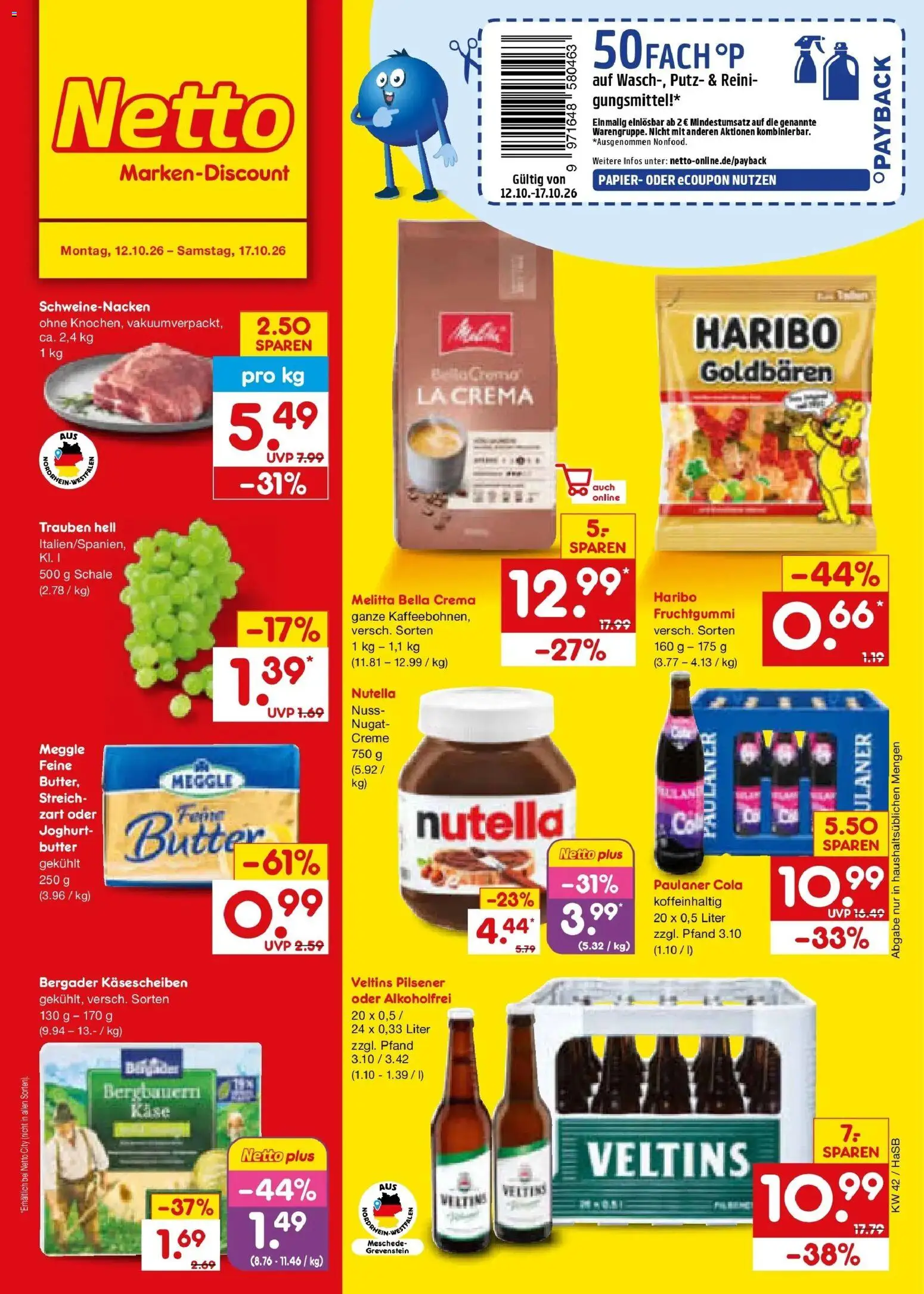 Vorschau von dem Prospekt des Geschäftes Netto Marken-Discount, gültig ab dem 12.10.2026 - Käse, Haribo, Cola, Joghurt, Paulaner, Trauben, Melitta, Schweinenacken