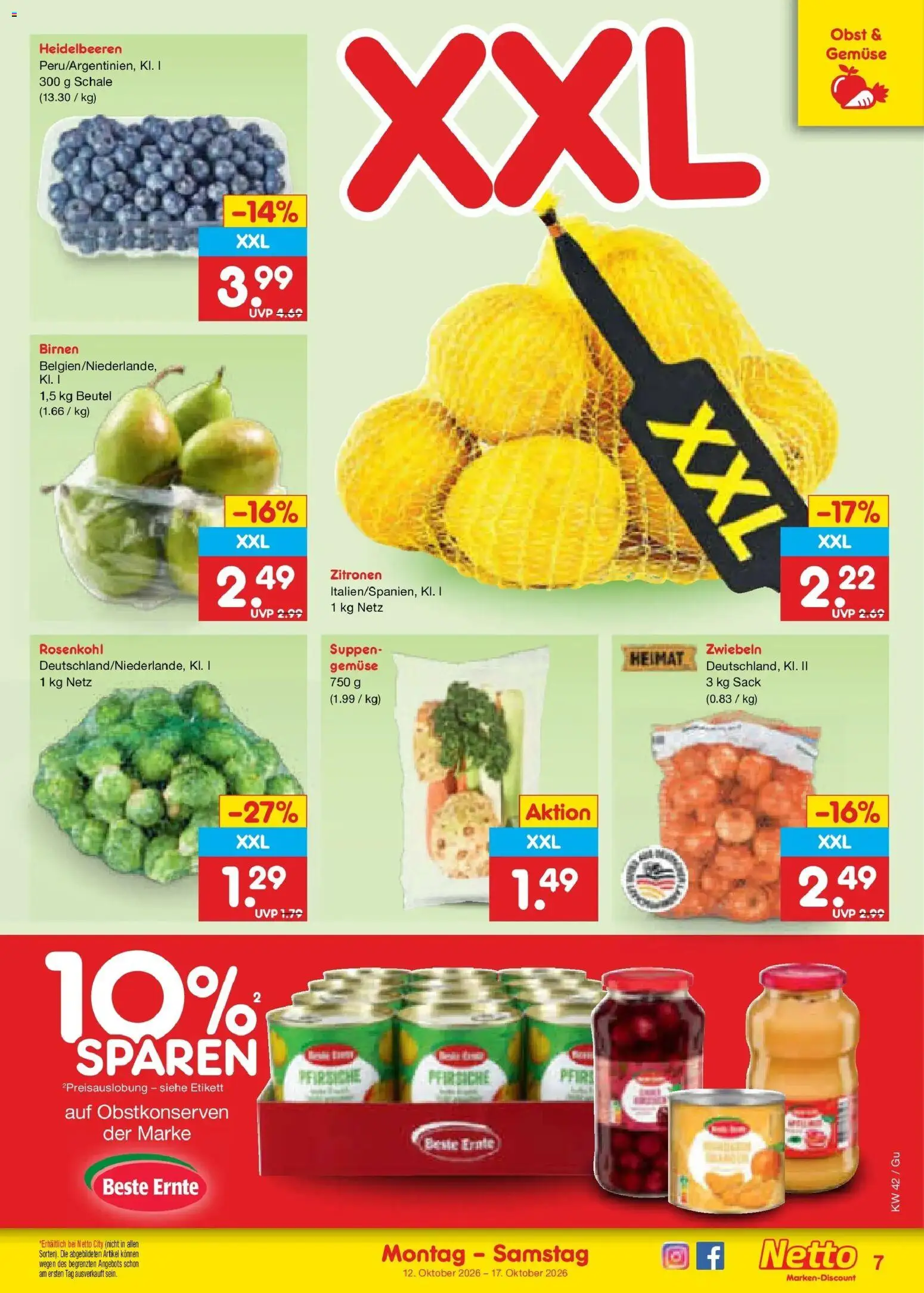 Vorschau von dem Prospekt des Geschäftes Netto Marken-Discount, gültig ab dem 12.10.2026 - Gemüse, Heidelbeeren, Obst, Zitronen, Zwiebeln
