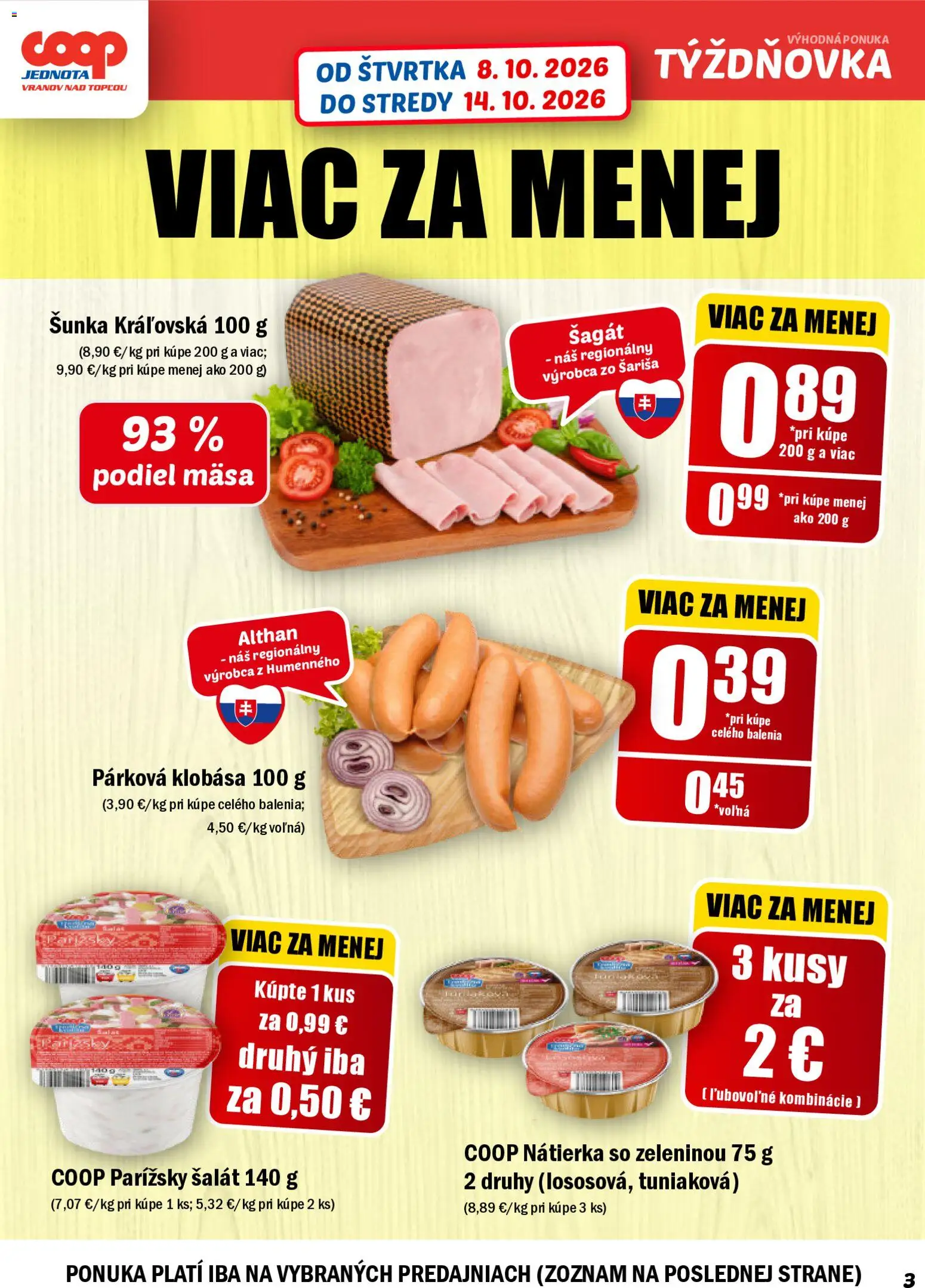 Náhľad COOP Jednota letáku platného od 08.10.2026 - Šalát, Klobása, Šunka, Nátierka