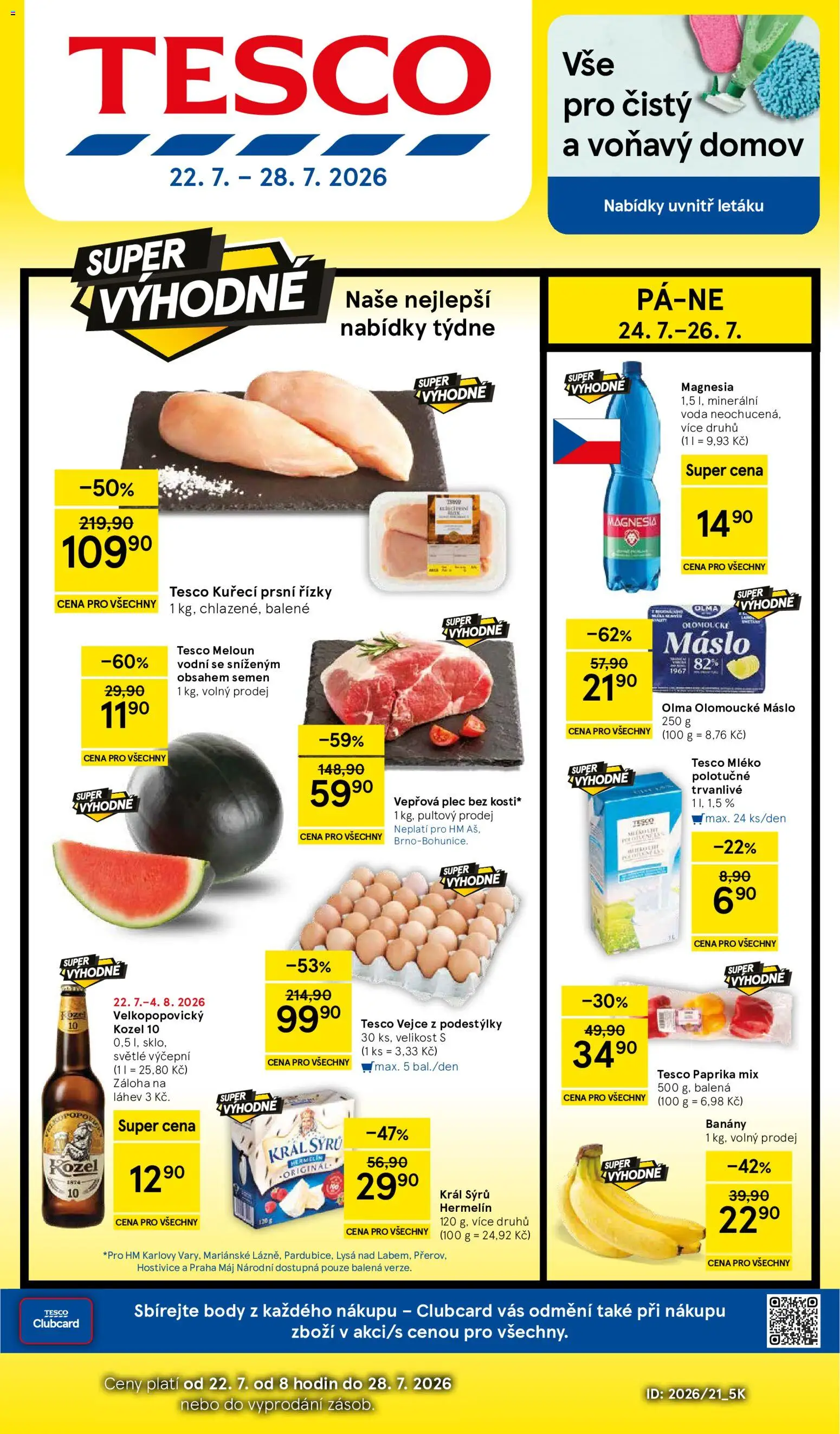Náhled nabídky: Tesco Tesco leták - Hypermarket platný od 22.07.2026 - Voda, Vejce, Hermelín, Magnesia, Meloun vodní, Kuřecí prsní řízky, Prsní řízky, Velkopopovický Kozel 10