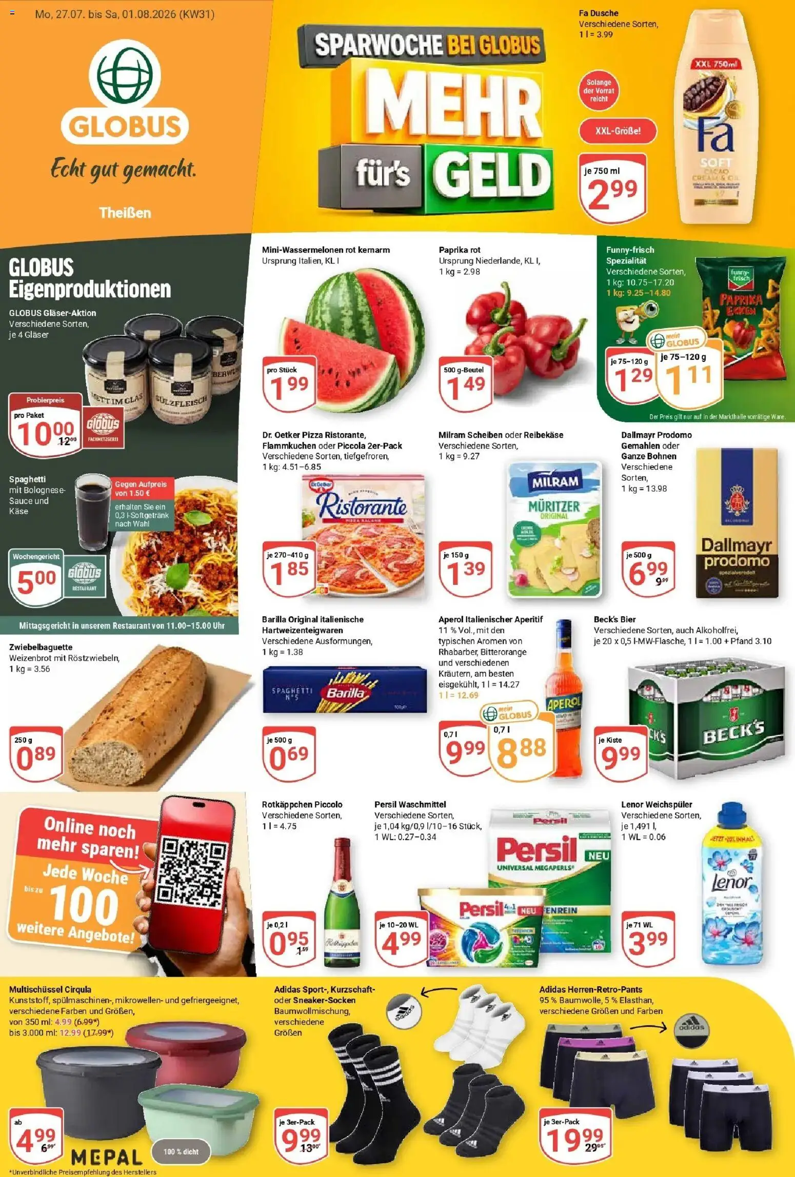 Vorschau von dem Prospekt des Geschäftes Globus, gültig ab dem 27.07.2026 - Käse, Bier, Rotkäppchen, Ristorante, Weichspüler, Lenor, Milram, Paprika rot