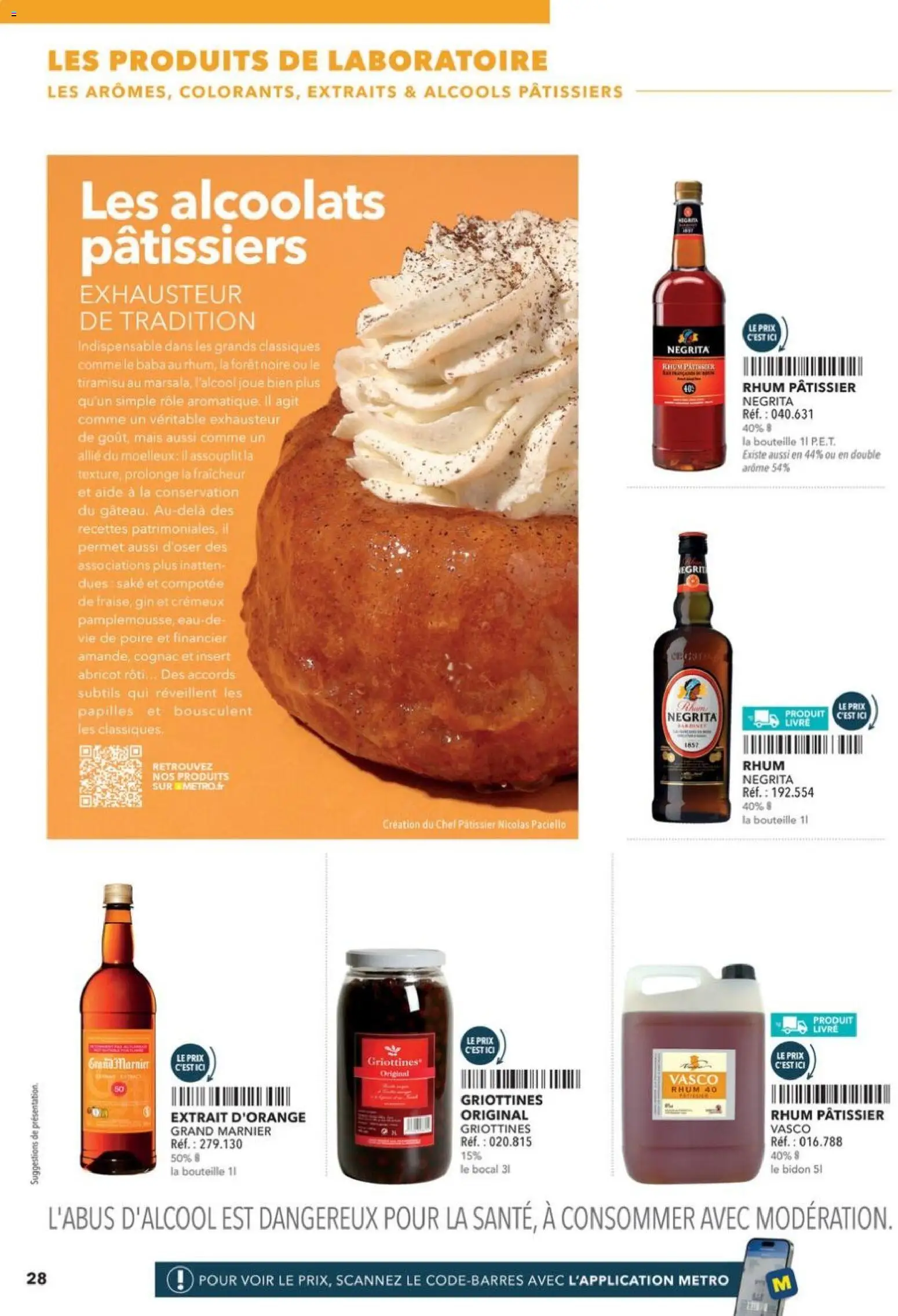 Prévisualisation de Boulangers Pâtissiers du magasin METRO formulaire valide 30/04/2026 - Tiramisu, Cognac, Mais, Rhum, Abricot, Grand marnier, Alcools, Bouteille