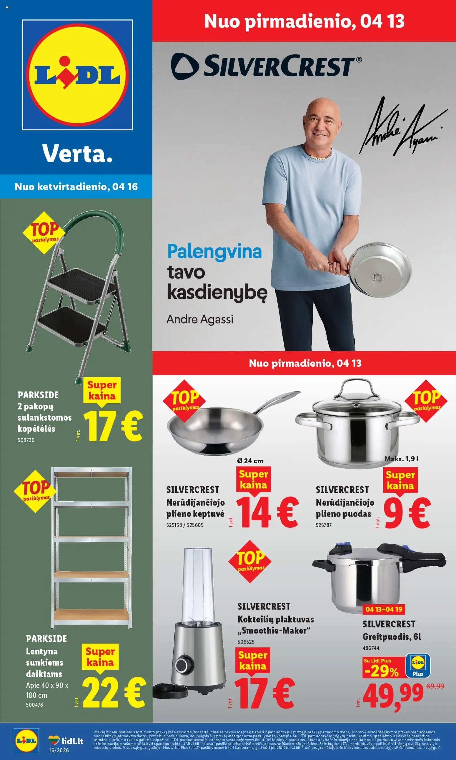 LIDL parduotuvės leidinio LIDL leidinys - Ne maisto prekių pasiūlymai galiojančio nuo 2026.04.13 peržiūra - Puodas, Lentyna, Plaktuvas, Keptuvė, Kopėtėlės