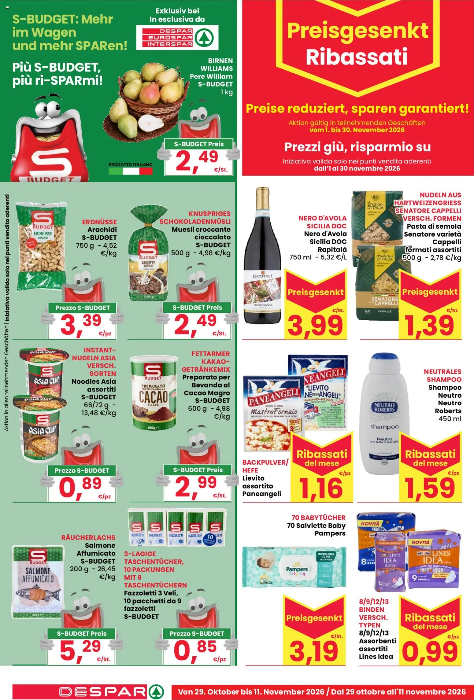 Anteprima dell'opuscolo Despar volantino Egna dal negozio Despar valido da 29/10/2026 - Dolci, Arachidi, Cacao, Assorbenti, Semola, Fazzoletti, Pere, Pasta di semola