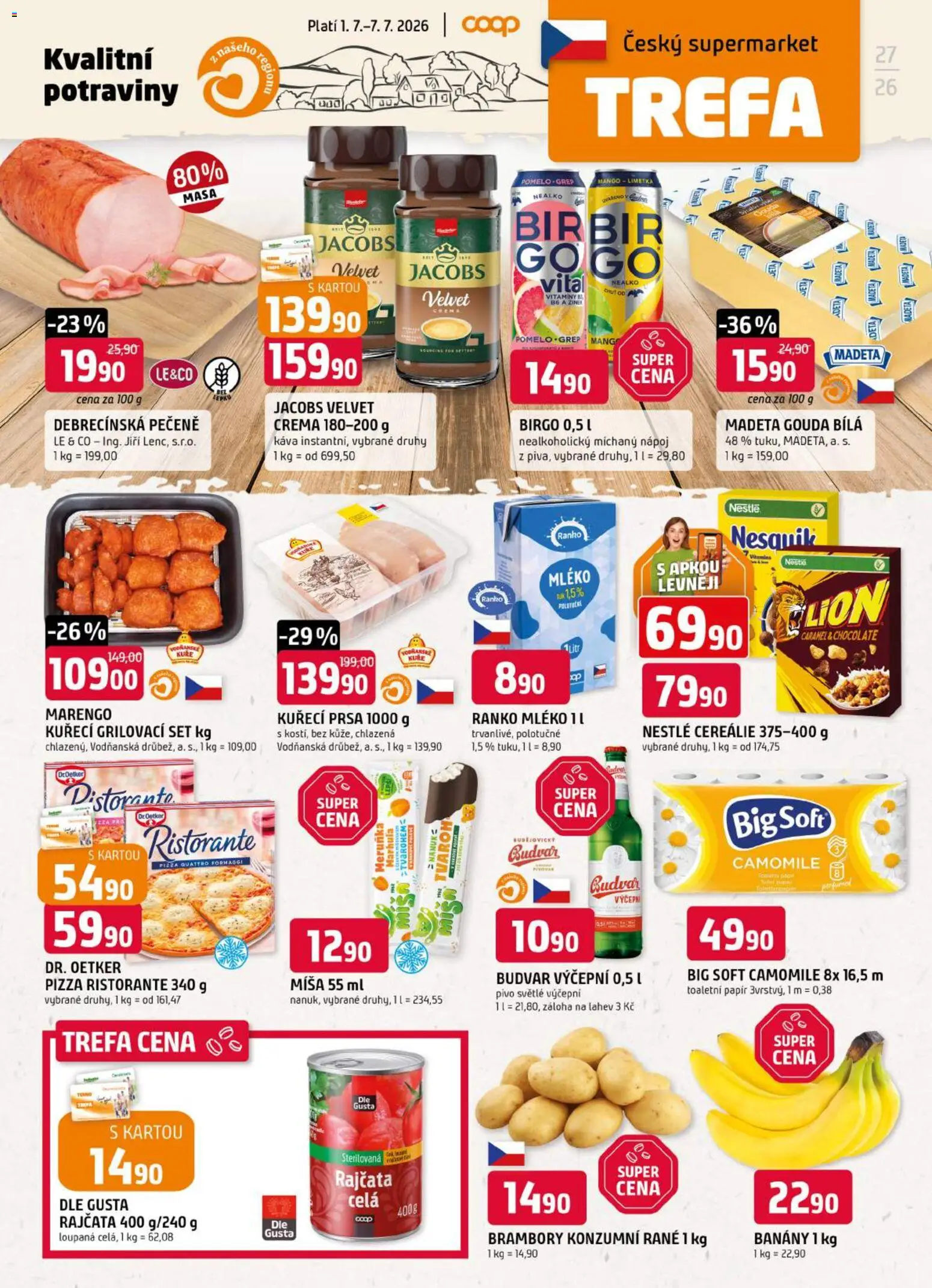 Náhled nabídky: Trefa Trefa leták platný od 01.07.2026 - Pizza, Potraviny, Mango, Mléko, Budvar, Velvet, Grep, Banány