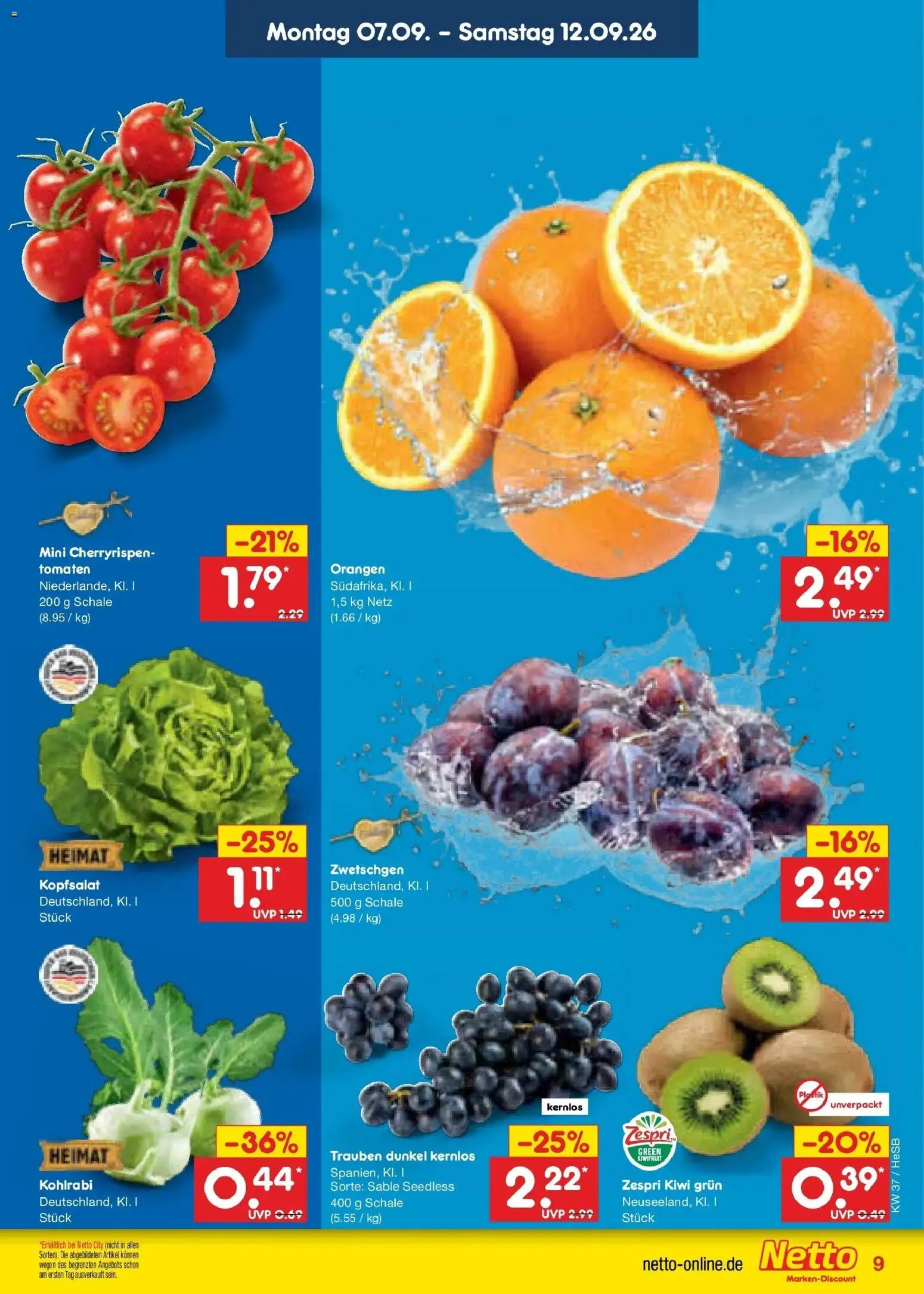 Vorschau von dem Prospekt des Geschäftes Netto Marken-Discount, gültig ab dem 07.09.2026 - Kohlrabi, Kiwi, Trauben, Tomaten, Zwetschgen, Orangen