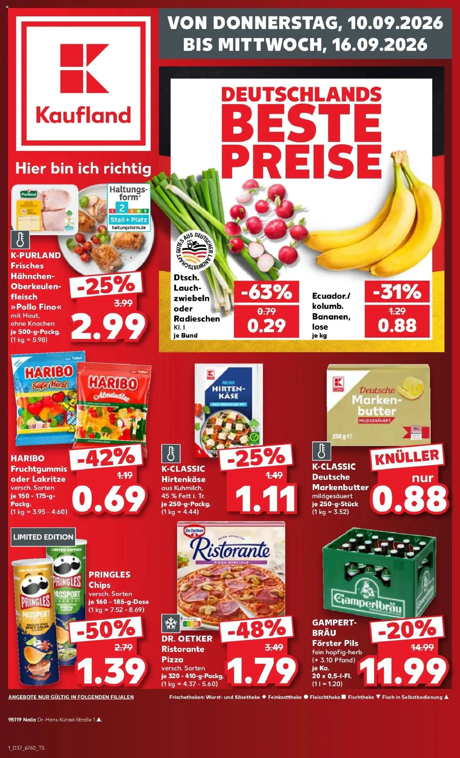 Vorschau von dem Prospekt des Geschäftes Kaufland, gültig ab dem 10.09.2026 - Pizza, Chips, Butter, Haribo, Fleisch, Lauch, Pringles, Zwiebeln