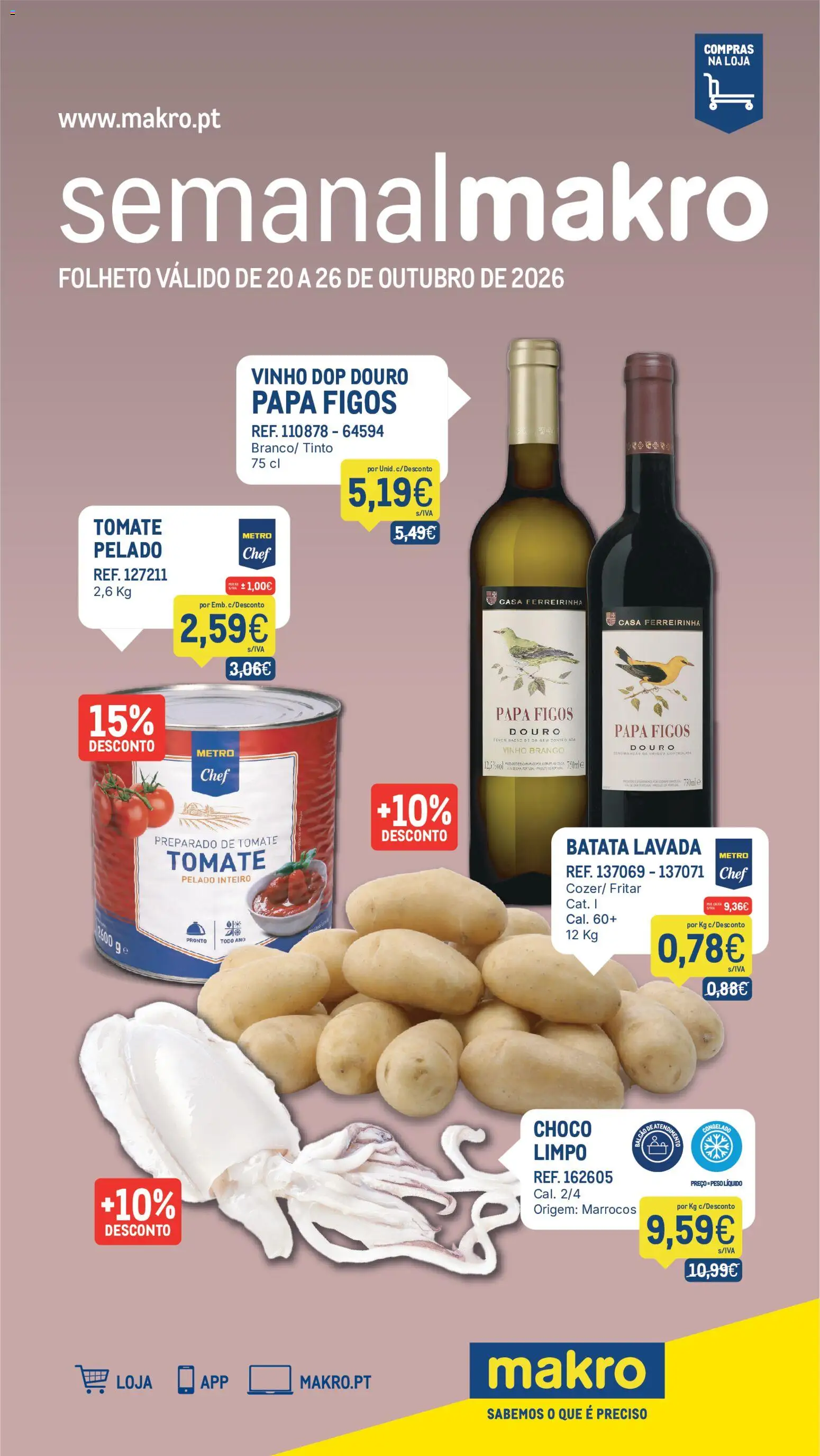 Pré-visualização do folheto da loja Makro válida a partir de 20/10/2026 - Papa, Caixa, Vinho, Batata, Figos, Maçãs, Tomate, Vinho branco