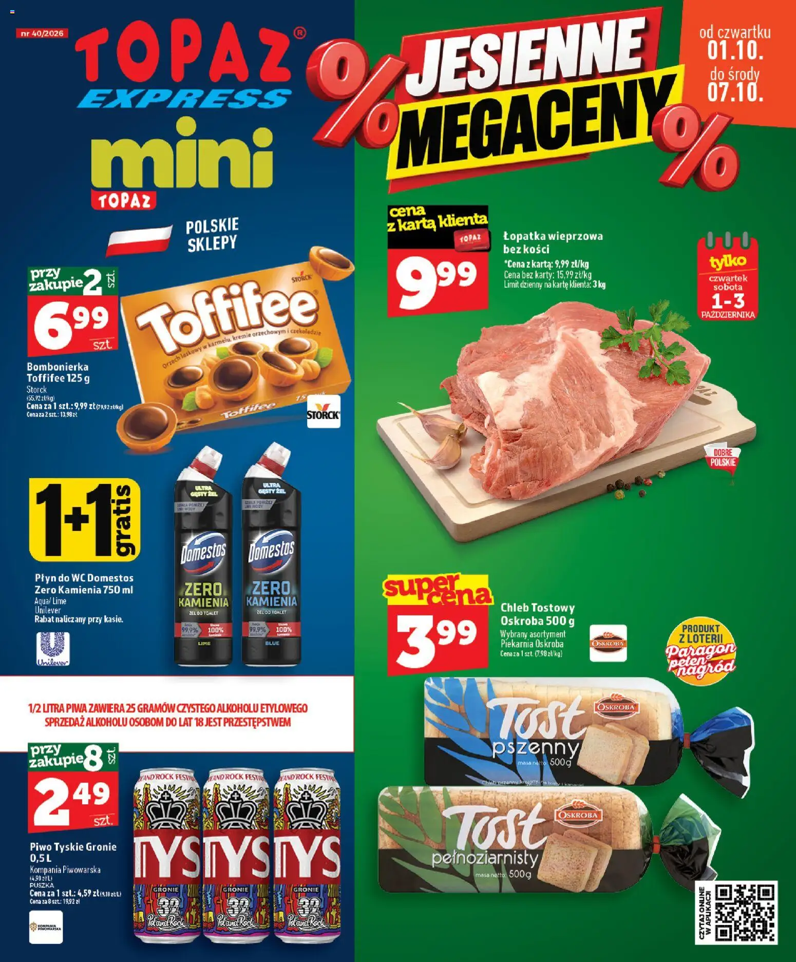 Pogląd gazetki "Topaz gazetka - Express" ze sklepu Topaz ważnej od 01.10.2026 - Piekarnia, Piwo, Chleb, Karta, Domestos, Tyskie, Chleb tostowy, Piwo tyskie