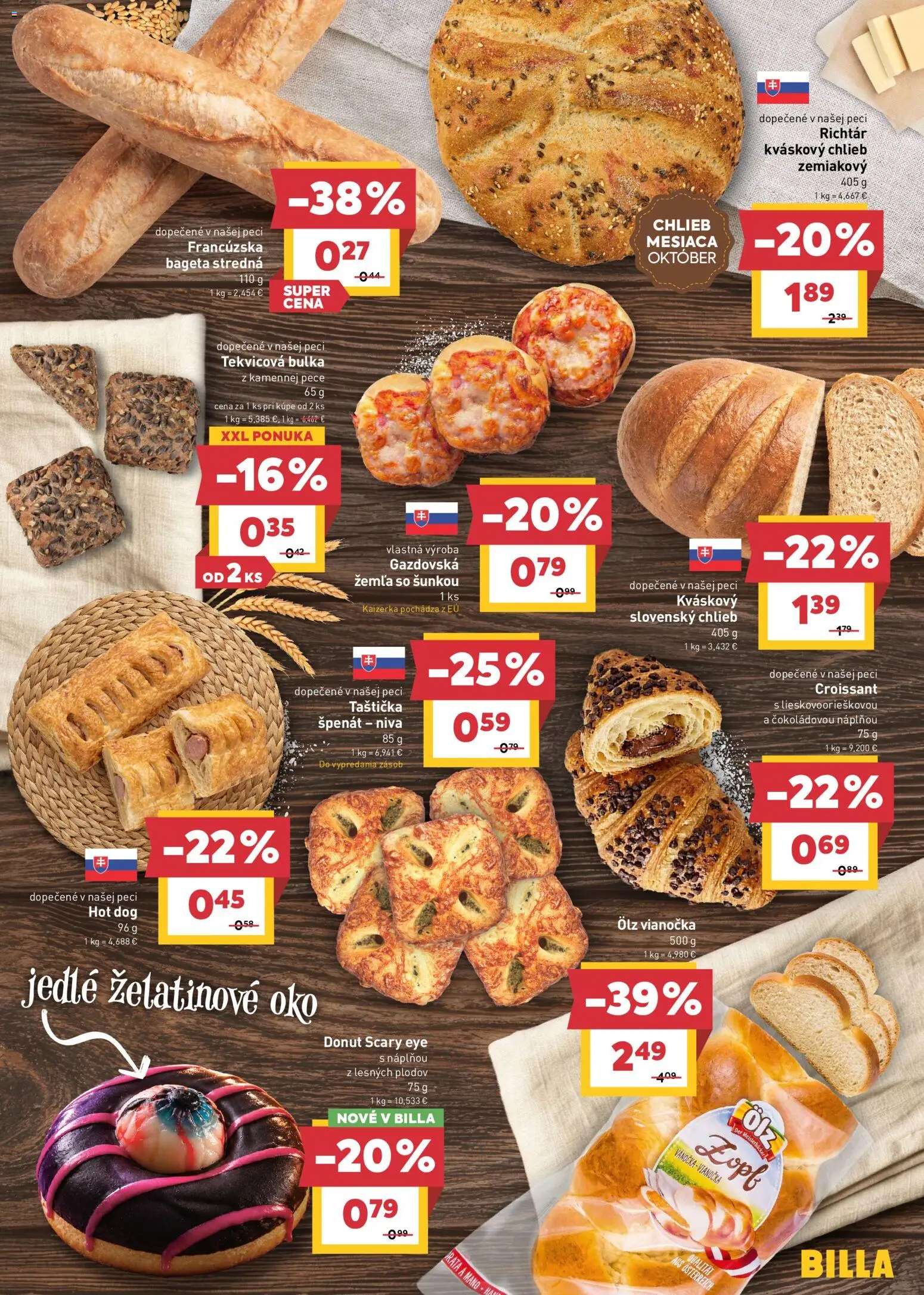 Náhľad Billa letáku platného od 14.10.2026 - Croissant, Chlieb, Špenát, Donut, Niva, Bageta, Vianočka, Francúzska bageta