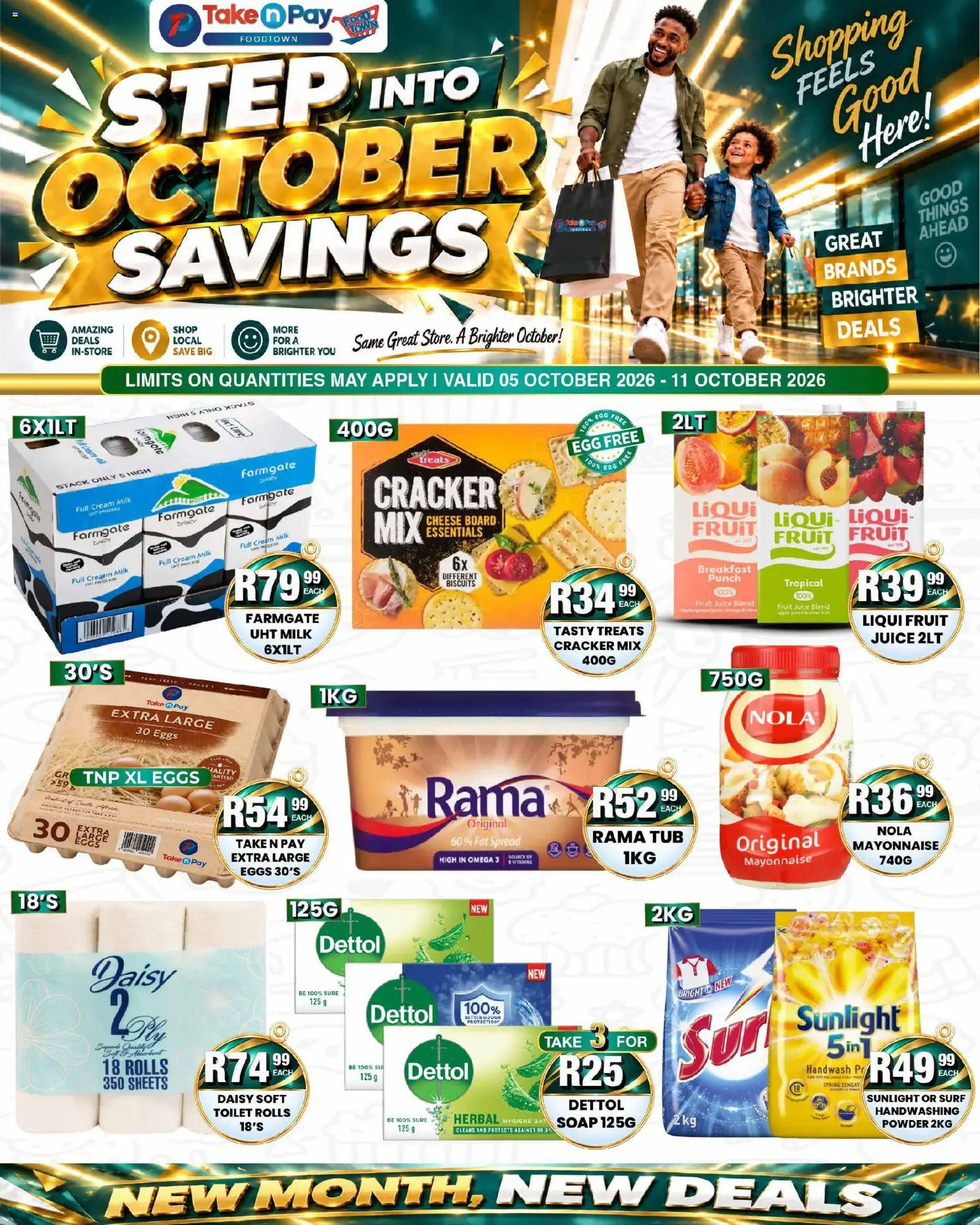 Preview of Take n Pay flyer valid from 05/10/2026 - Breakfast, Milk, Biscuits, Juice, Cream, Mayonnaise, Handwash, Fat spread