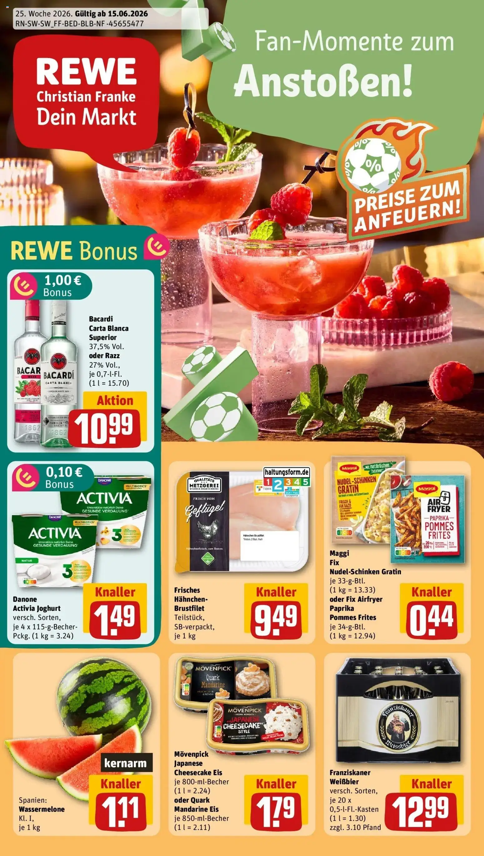 Vorschau von dem Prospekt des Geschäftes Rewe, gültig ab dem 14.06.2026 - Eis, Pasta, Rum, Maggi fix, Weißbier, Activia, Hahnchen, Danone activia