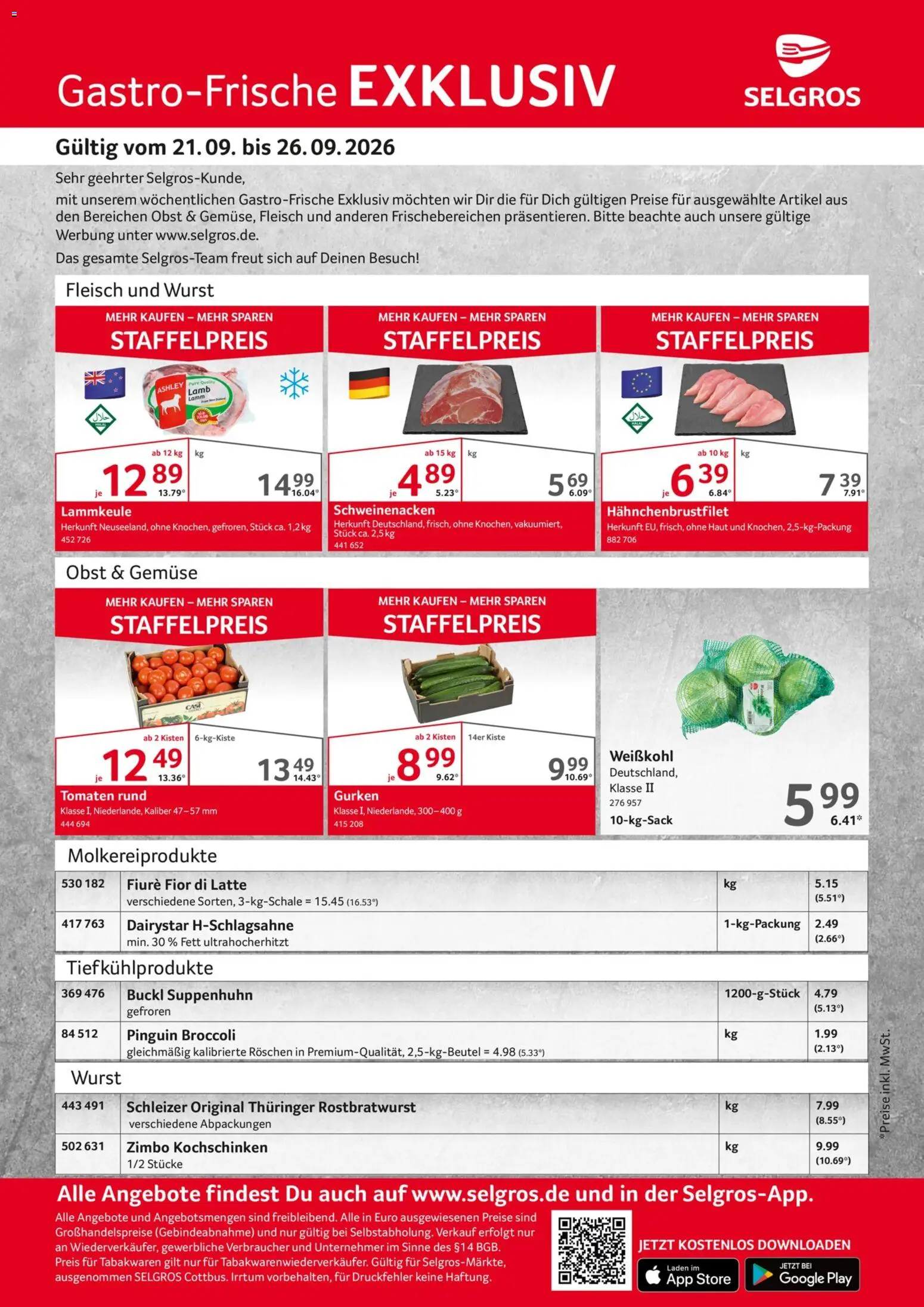 Vorschau von dem Prospekt des Geschäftes Selgros, gültig ab dem 21.09.2026 - Wurst, Gemüse, Obst, Fleisch, Gurken, Tomaten, Lammkeule, Schweinenacken