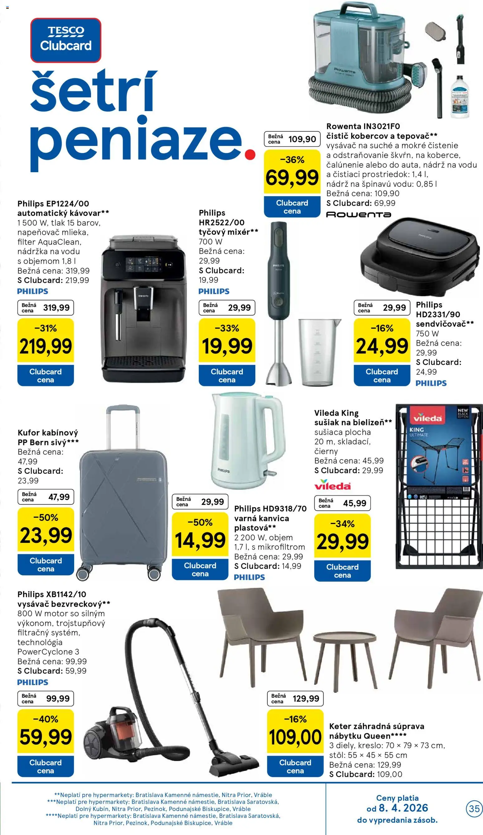 Náhľad Tesco letáku platného od 08.04.2026 - Kávovar, Vysávač, Kreslo, Kanvica, Rowenta, Varná kanvica, Automatický kávovar, Čistiaci prostriedok