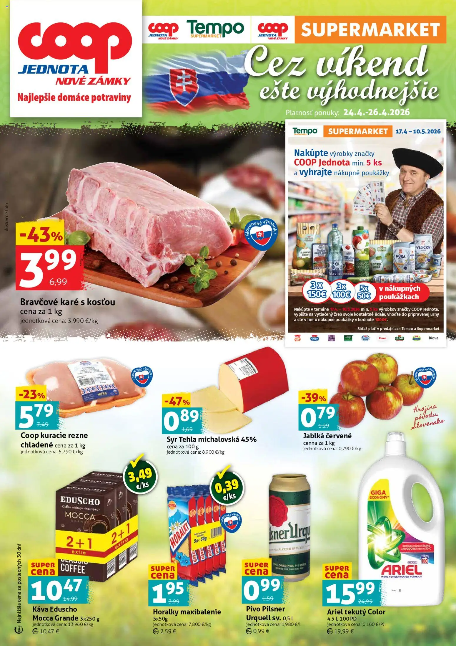 Náhľad COOP Jednota letáku platného od 24.04.2026 - Káva, Syr, Bravčové karé, Ariel, Kuracie rezne, Vločky, Jablká, Horálky