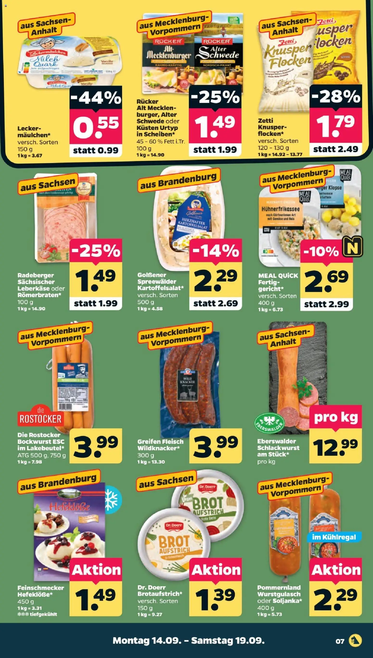 Vorschau von dem Prospekt des Geschäftes Netto, gültig ab dem 14.09.2026 - Gemüse, Quark, Brot, Milch, Reis, Bockwurst, Vanille, Flocken