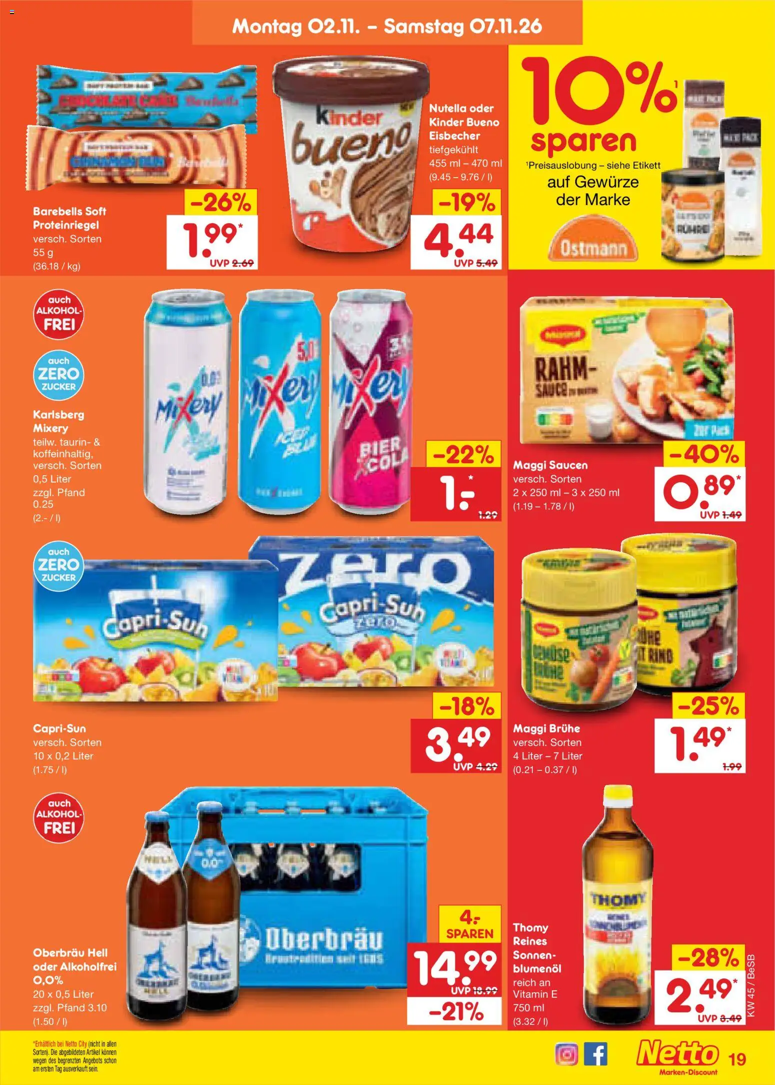Vorschau von dem Prospekt des Geschäftes Netto Marken-Discount, gültig ab dem 02.11.2026 - Bier, Gewürze, Maggi, Alkohol, Zucker, Capri sun, Kinder bueno, Mixery