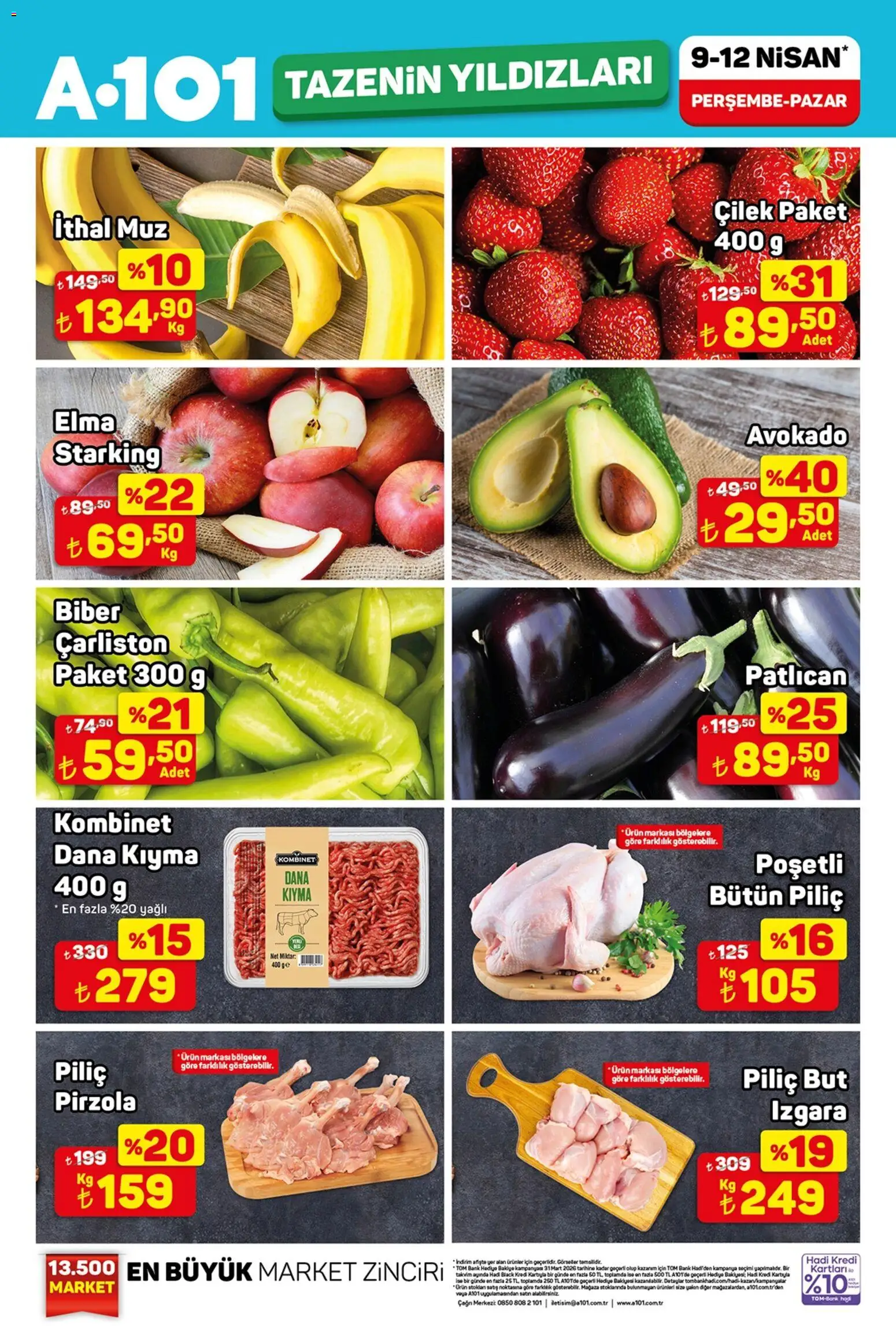 A101 A101 - Tazenin Yıldızları 09.04.2026 - Broşürünün önizlemesi - Çilek, Avokado, Kıyma, Muz, Pirzola, Patlıcan, Biber, Izgara