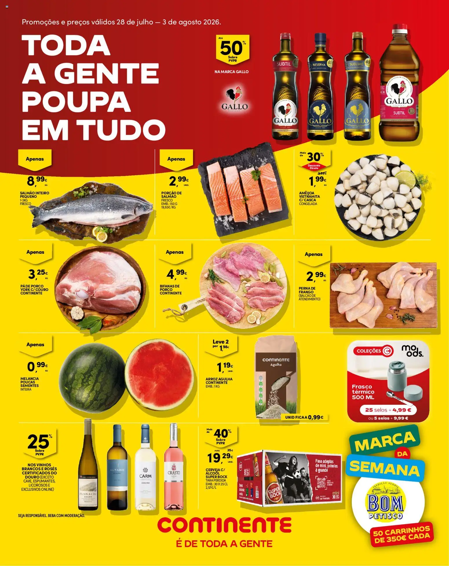 Pré-visualização do folheto da loja Continente válida a partir de 28/07/2026 - Cerveja, Frango, Super bock, Arroz, Álcool, Melancia, Salmão