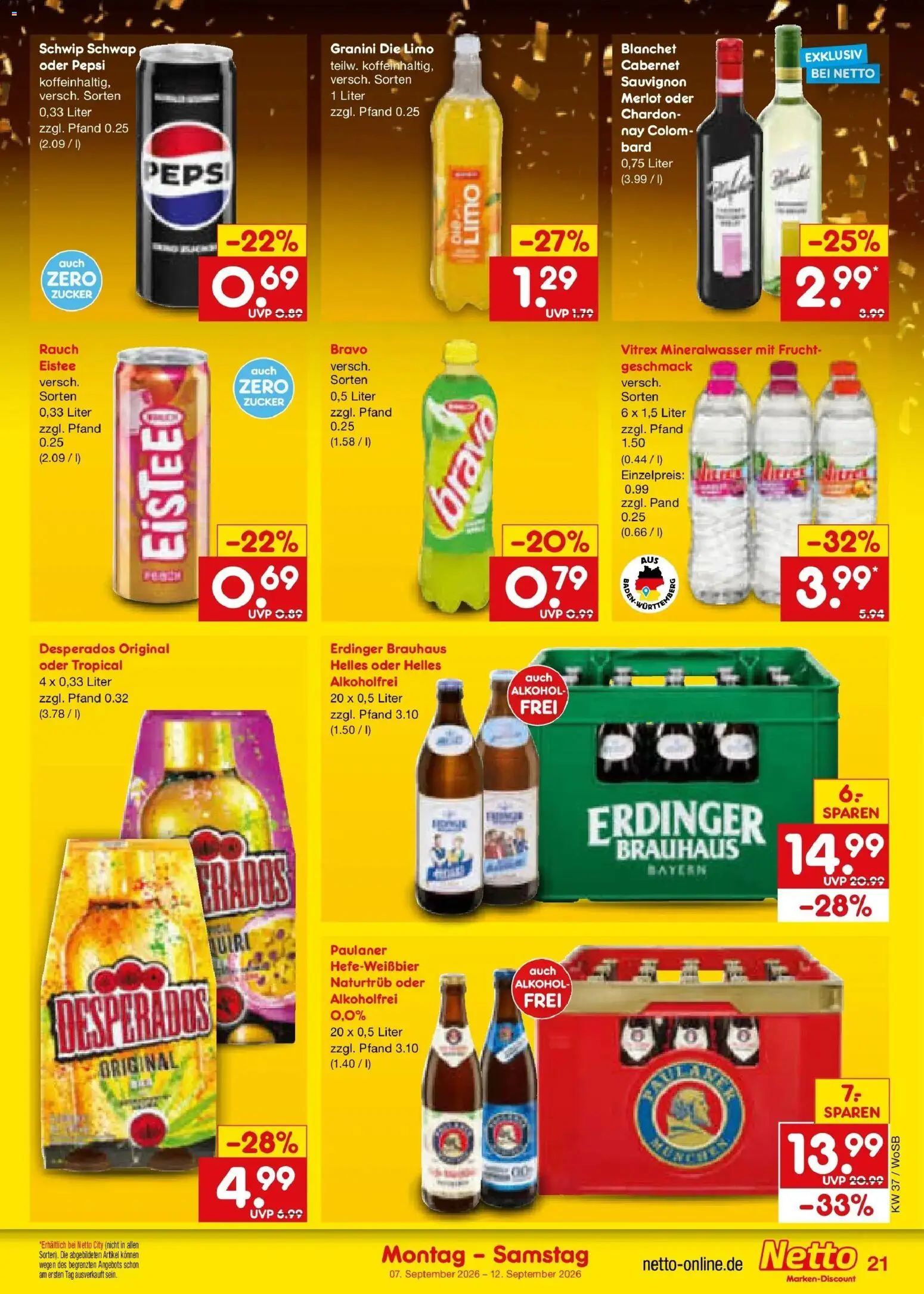 Vorschau von dem Prospekt des Geschäftes Netto Marken-Discount, gültig ab dem 07.09.2026 - Mineralwasser, Alkohol, Zucker, Paulaner, Erdinger, Schwip schwap, Granini, Granini die limo