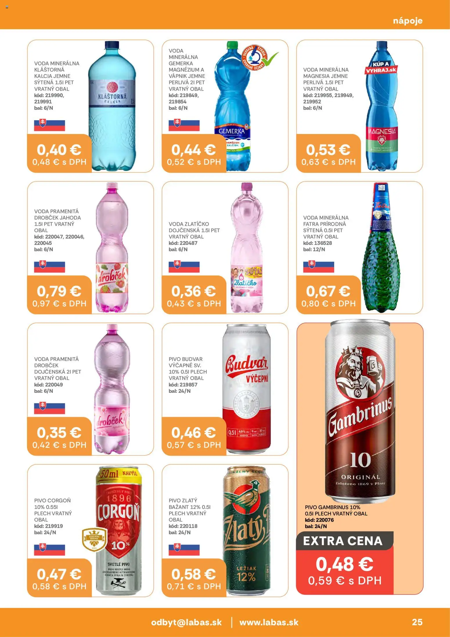 Náhľad Labaš letáku platného od 23.10.2026 - Voda, Pivo, Budvar, Gambrinus, Zlatý Bažant, Corgoň, Magnesia, Nápoje