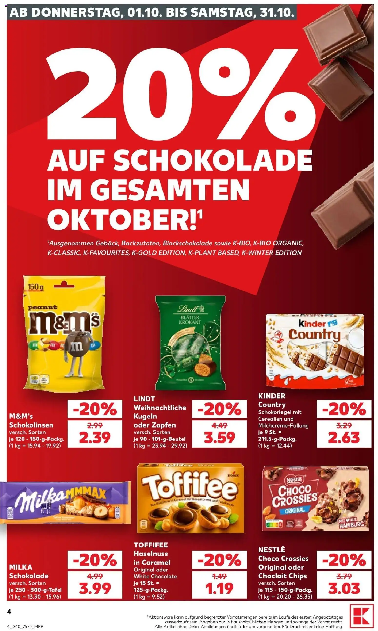Vorschau von dem Prospekt des Geschäftes Kaufland, gültig ab dem 01.10.2026 - Chips, Schokolade, Lindt, Milka, Toffifee, M&M's