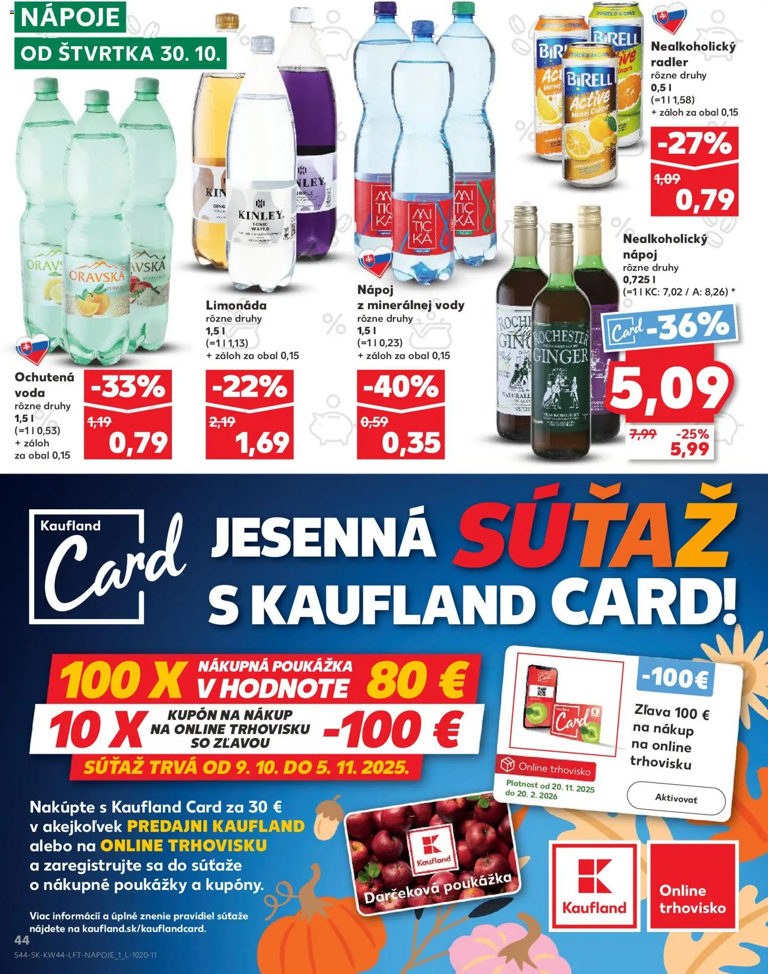 Náhľad Kaufland letáku platného od 30.10.2025 - Voda, Gin, Pomelo, Birell, Radler, Nápoje