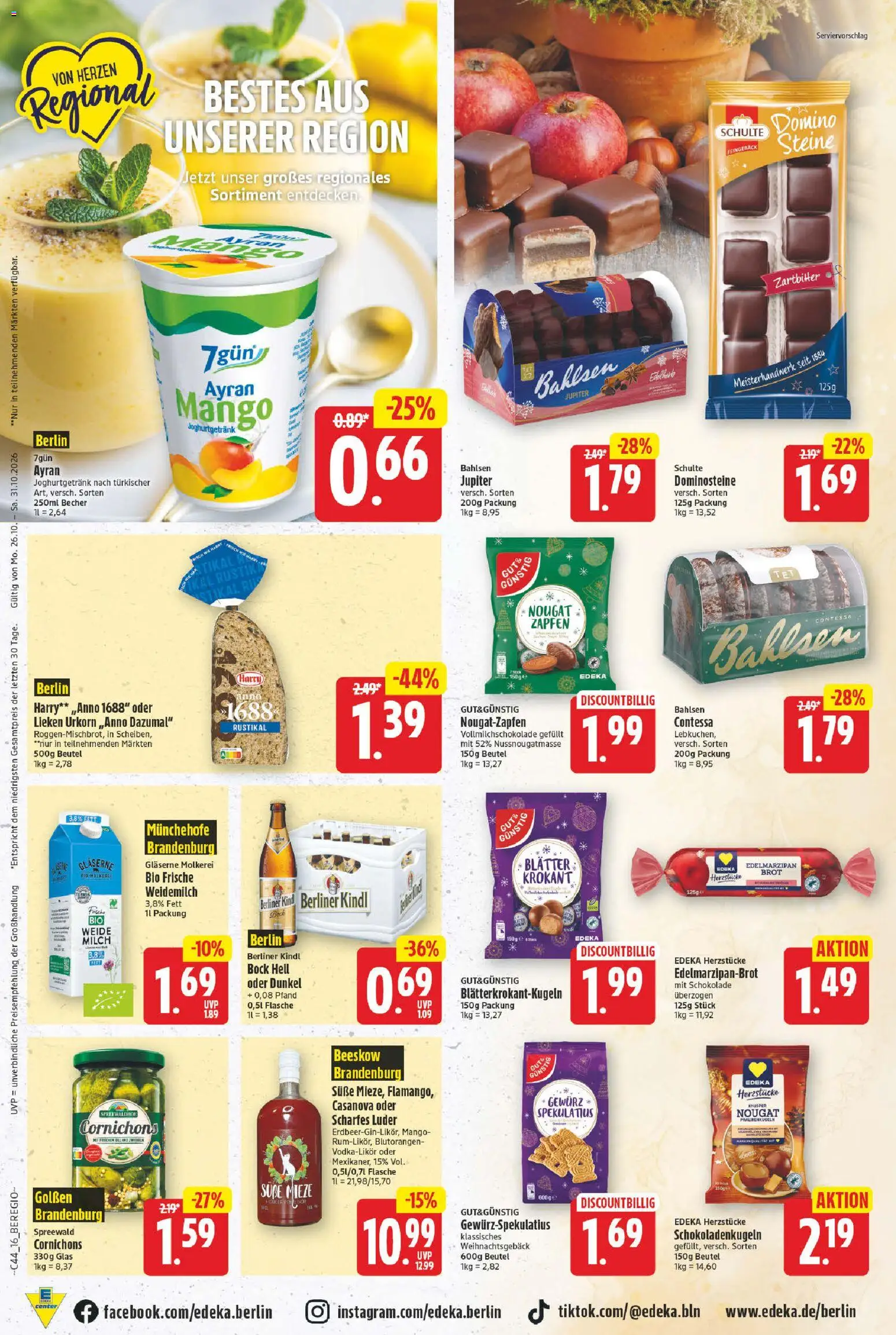 Vorschau von dem Prospekt des Geschäftes E center, gültig ab dem 26.10.2026 - Mango, Schokolade, Brot, Milch, Berliner, Schokoladenkugeln
