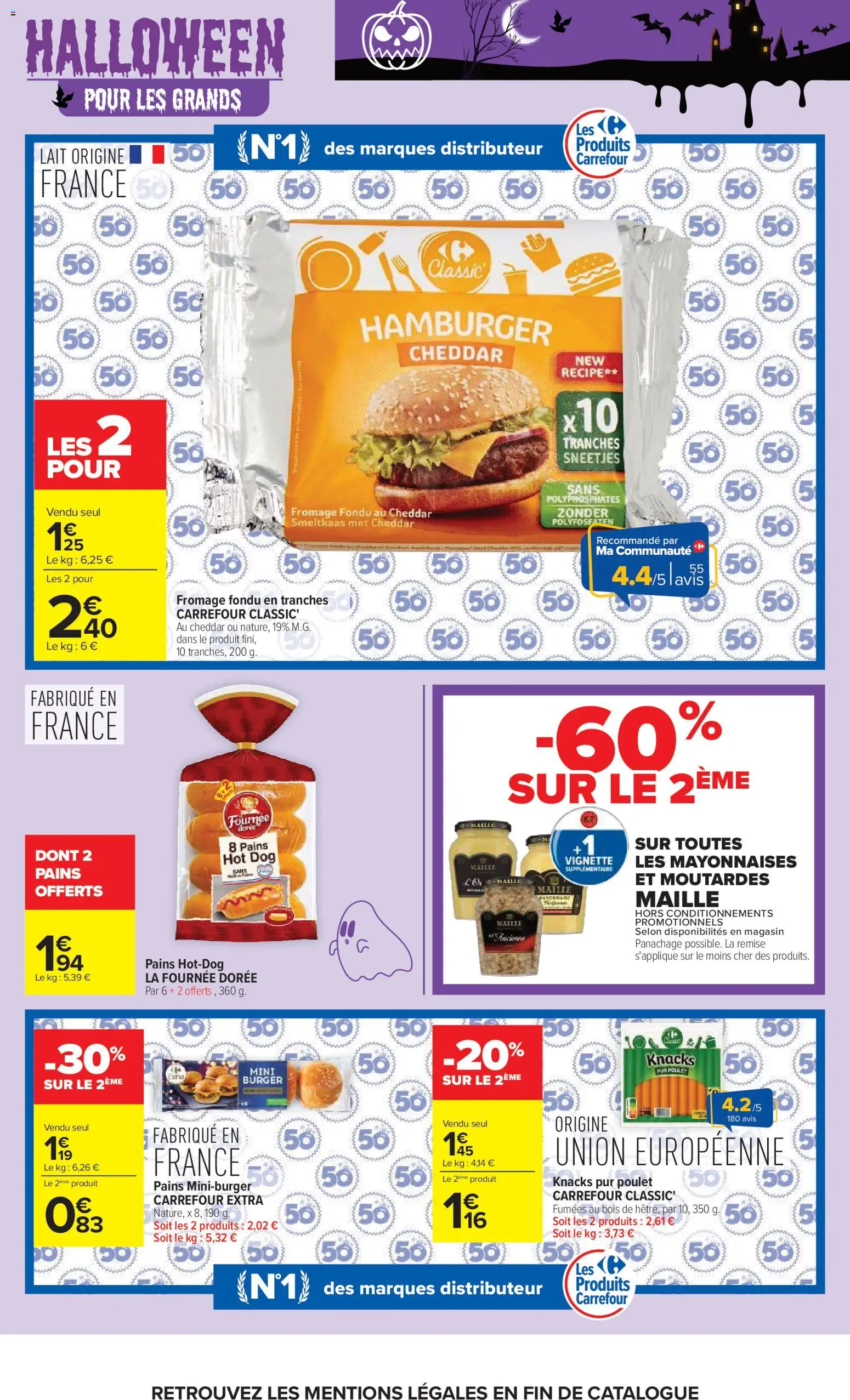 Prévisualisation de Carrefour catalogue du magasin Carrefour formulaire valide 20/10/2026 - Distributeur, Fromage, Poulet, Hamburger, Hot dog, Cheddar, Fromage fondu, Pains hot-dog
