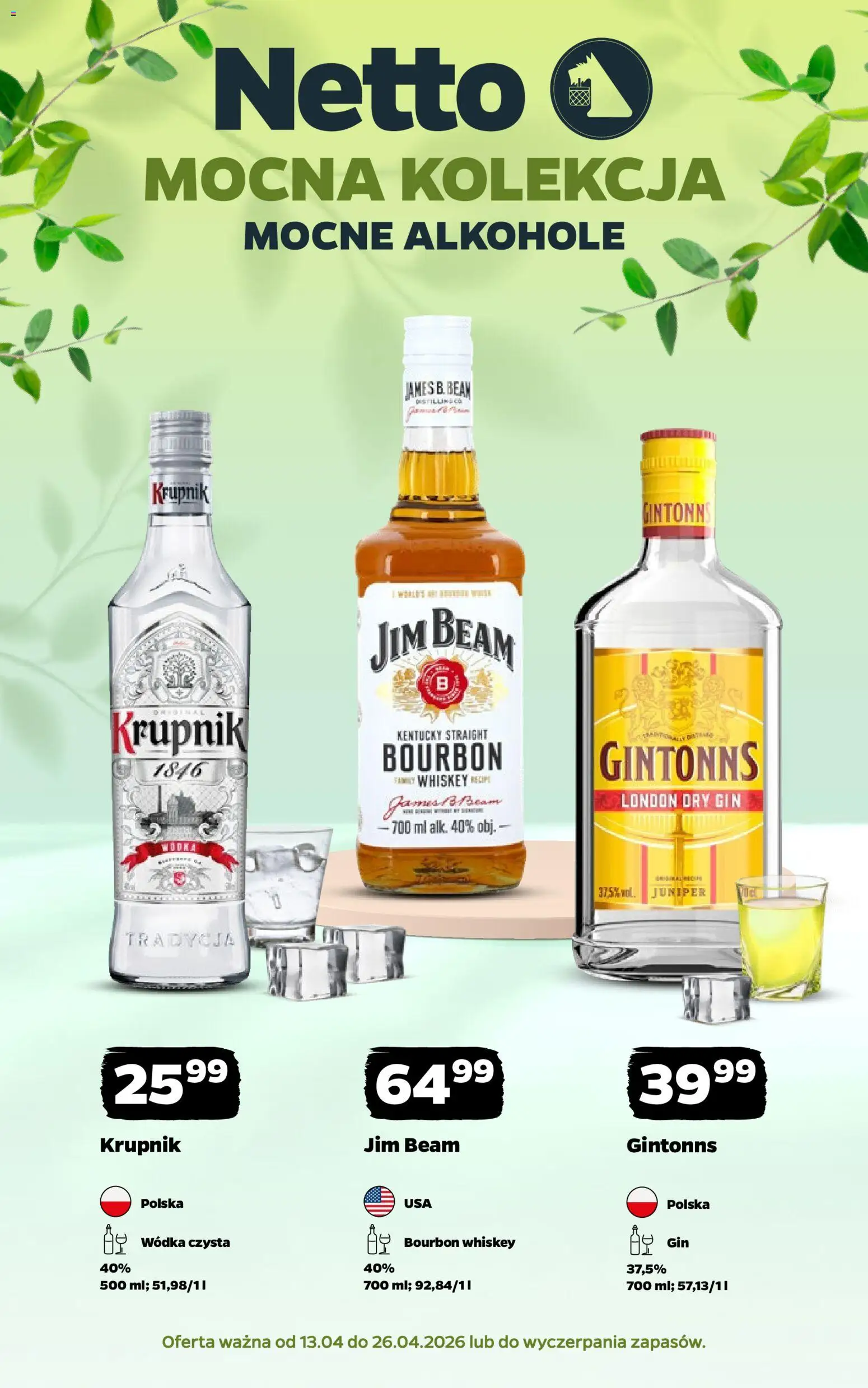 Pogląd gazetki "Netto gazetka - Alkohole mocne" ze sklepu Netto ważnej od 13.04.2026 - Alkohole, Krupnik, Jim Beam, Wódka, Gin, Bourbon, London dry gin