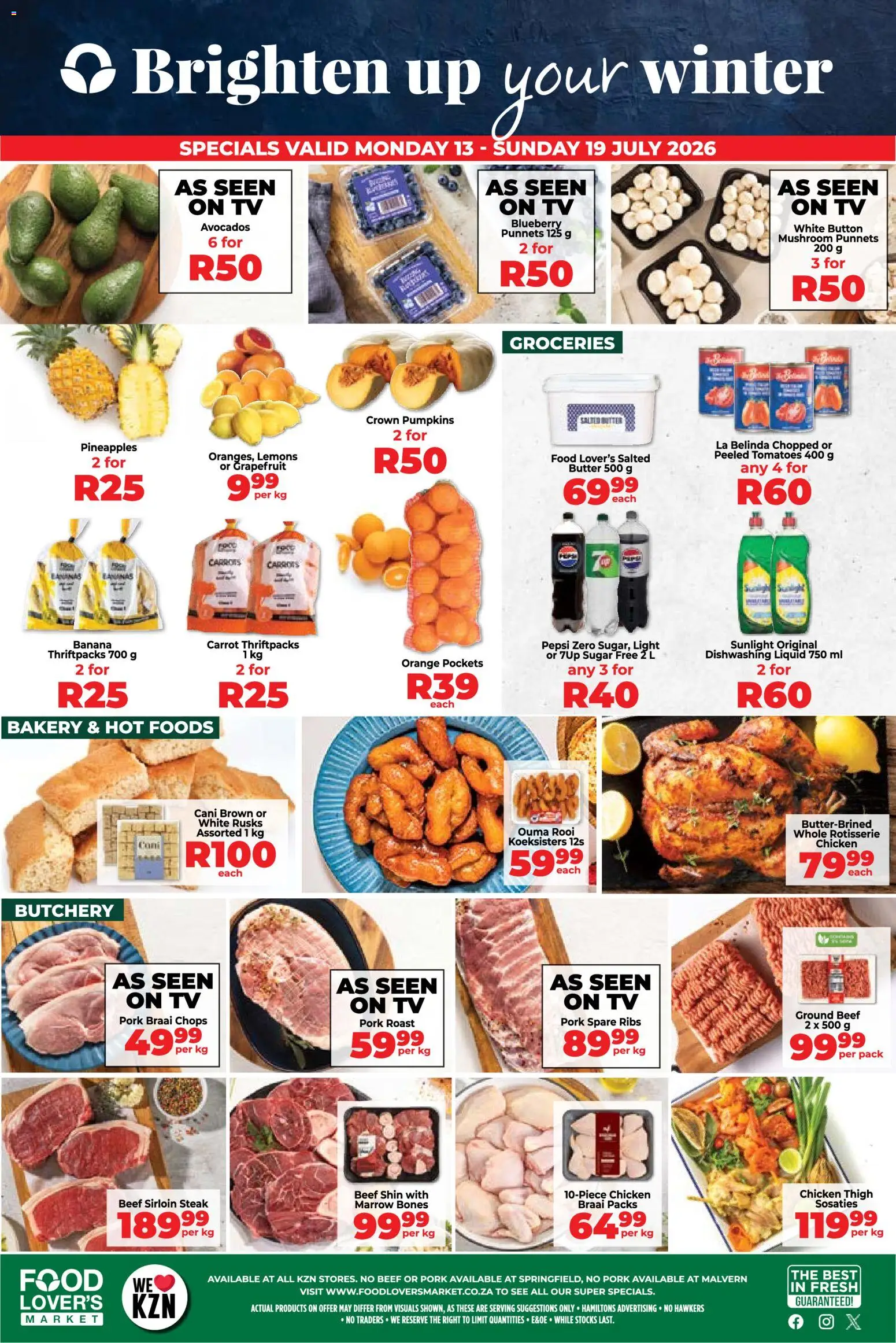 Preview of Food Lover's Market flyer valid from 13/07/2026 - Light, Avocados, Steak, Pumpkins, Ribs, Beef, Rusks, Dishwashing liquid