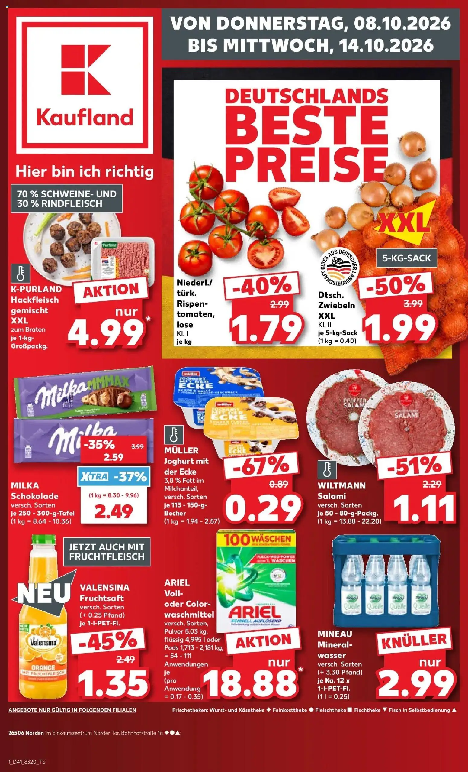 Vorschau von dem Prospekt des Geschäftes Kaufland, gültig ab dem 08.10.2026 - Wasser, Schokolade, Hackfleisch, Milka, Salami, Waschmittel, Rindfleisch, Fruchtsaft