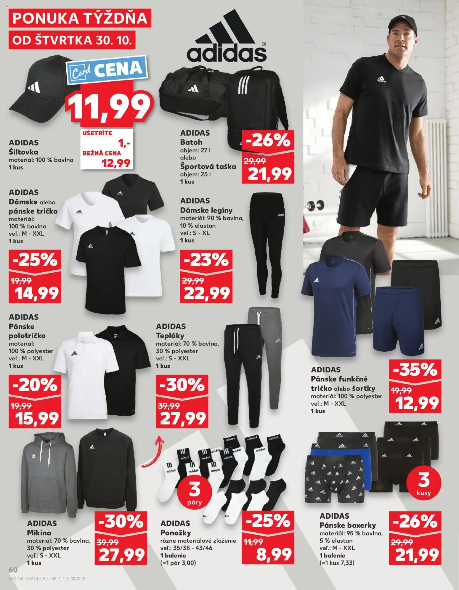 Náhľad Kaufland letáku platného od 30.10.2025 - Adidas, Mikina, Tričko, Ponožky, Batoh, Boxerky, Taška, Legíny
