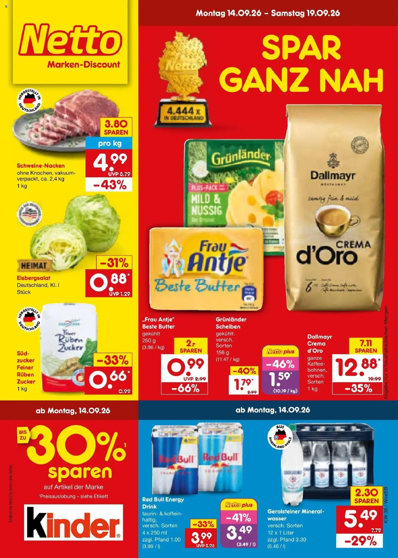 Vorschau von dem Prospekt des Geschäftes Netto Marken-Discount, gültig ab dem 14.09.2026 - Butter, Red bull, Gerolsteiner, Zucker, Energy, Eisbergsalat, Schweinenacken, Grunlander