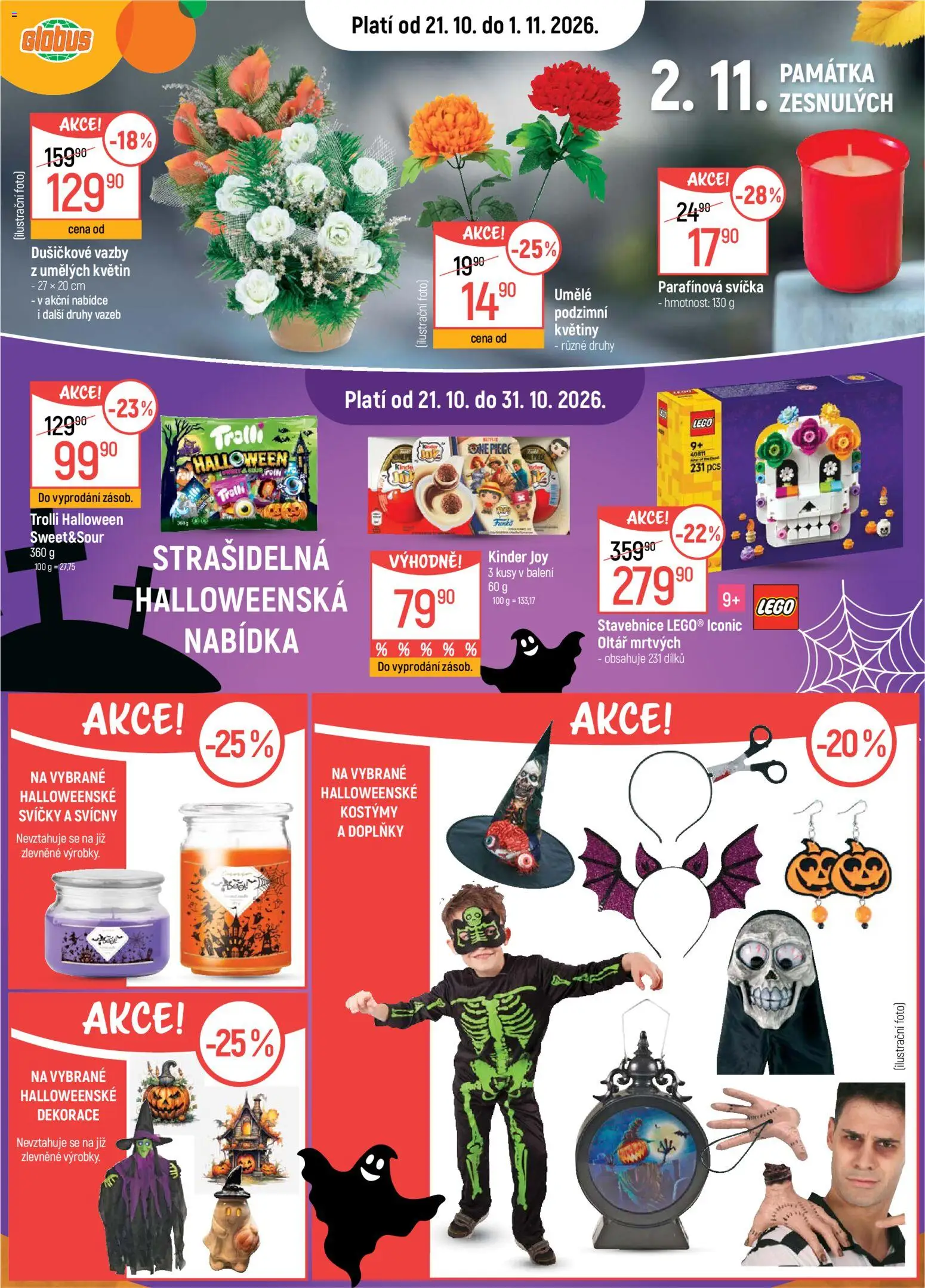 Náhled nabídky: Globus Globus leták - Strašidelná hallowenská nabídka platný od 21.10.2026 - LEGO, Globus, Květiny, Dekorace, Svíčky, Kostýmy, Svícny, Kinder Joy