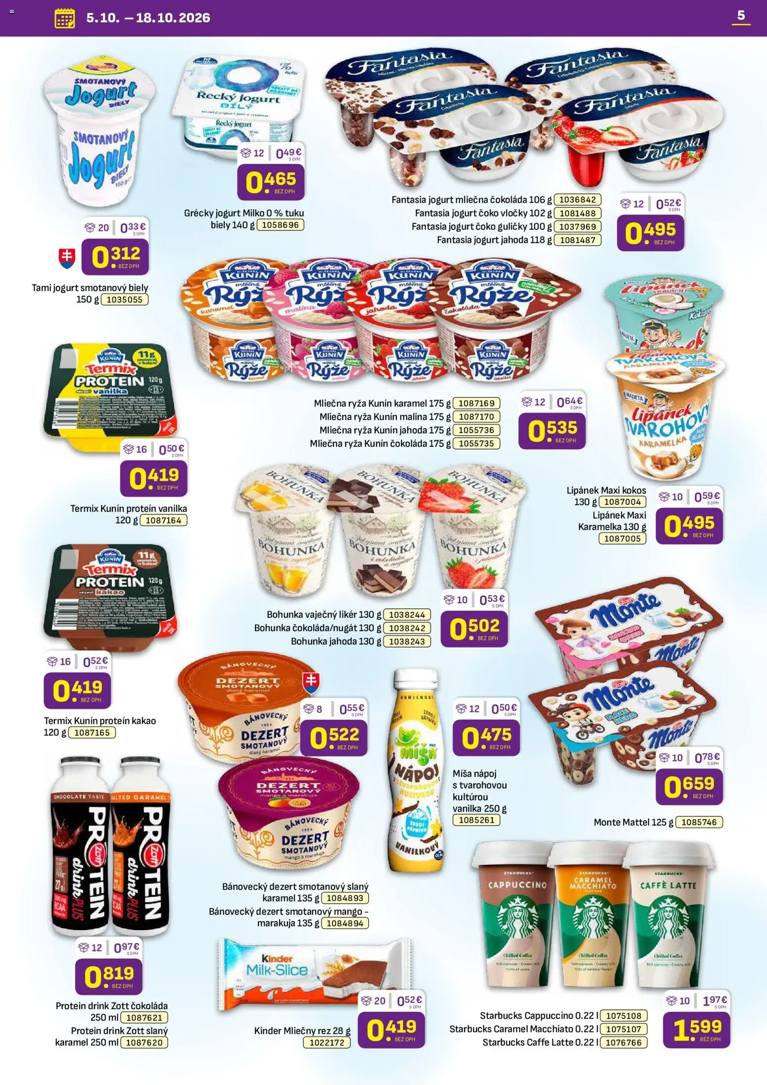 Náhľad Libex letáku platného od 05.10.2026 - Cappuccino, Kokos, Kakao, Jogurt, Vanilka, Mliečna ryža, Vločky, Vaječný likér