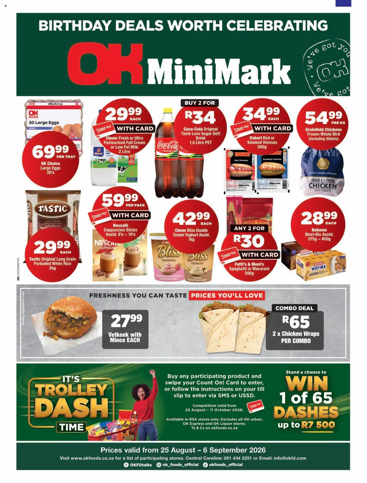 Preview of OK Foods flyer valid from 25/08/2026 - Chicken, Eggs, Sugar, Rice, Cream, Spaghetti, Yoghurt, Tray