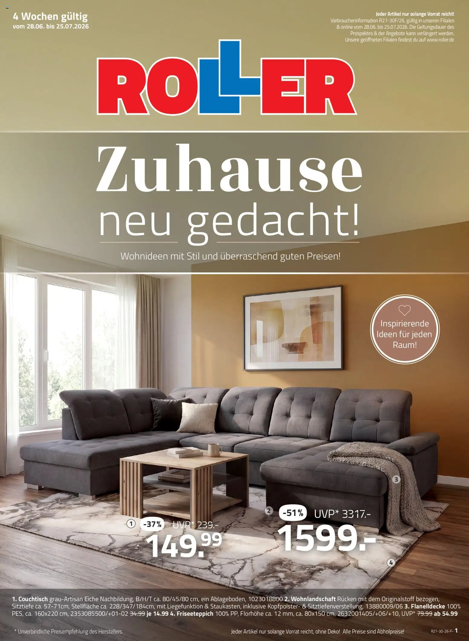 Vorschau von dem Prospekt des Geschäftes Roller, gültig ab dem 28.06.2026 - Couchtisch, Wohnlandschaft, Kopfpolster