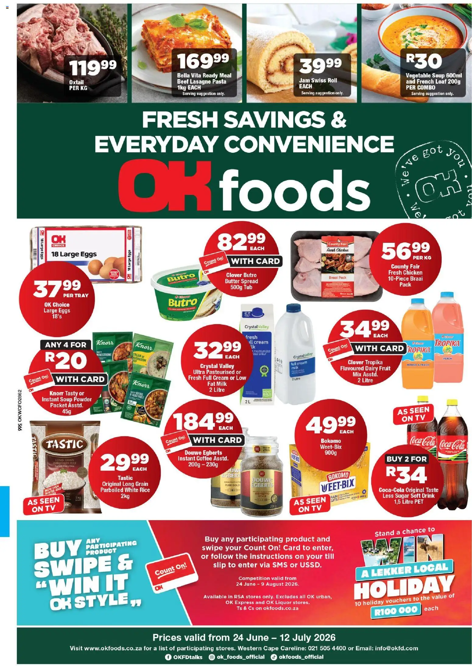 Preview of OK Foods flyer valid from 24/06/2026 - Coffee, Mango, Eggs, Pasta, Fruit, Cream, Soup, Spread