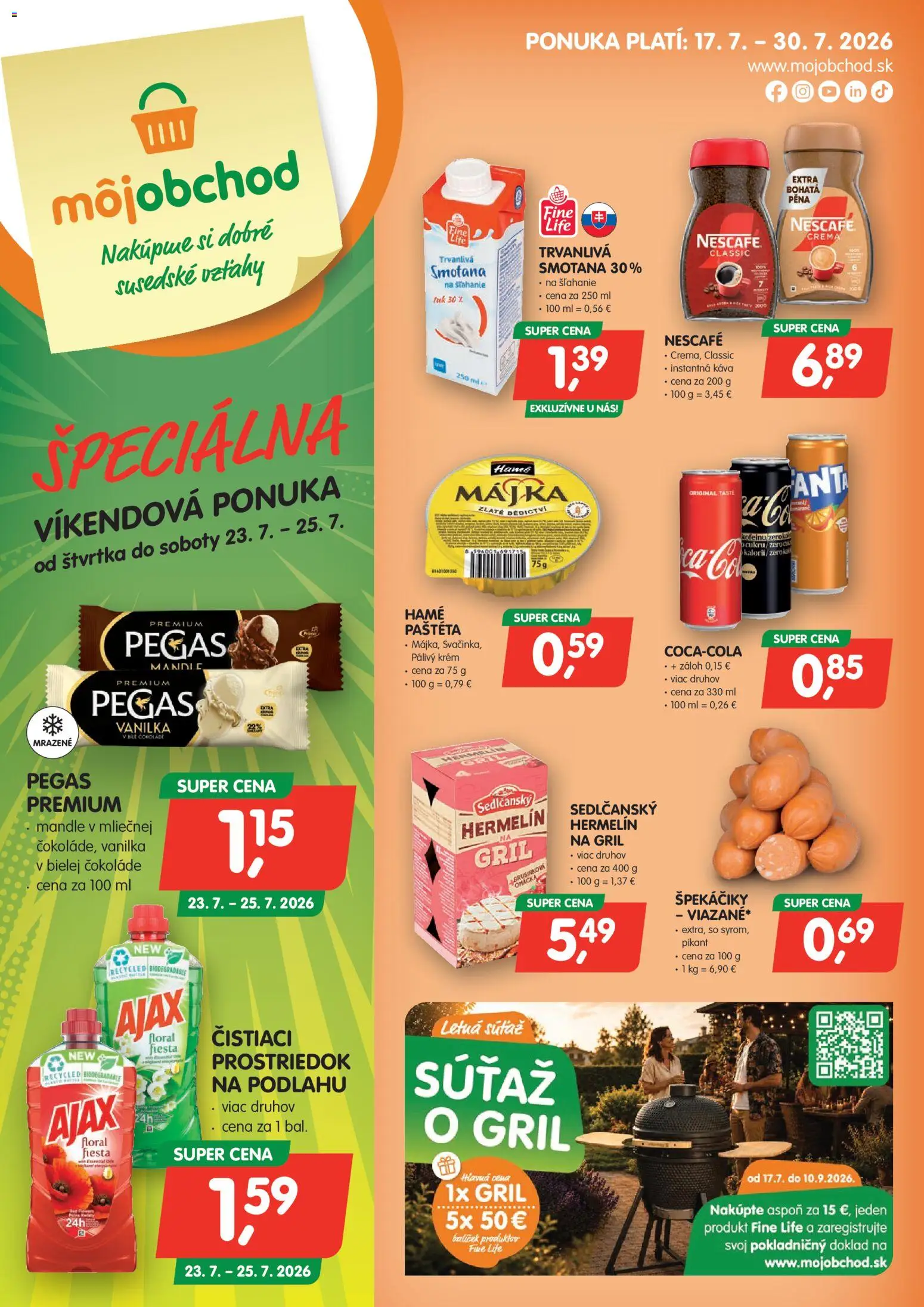 Náhľad Môj obchod letáku platného od 17.07.2026 - Káva, Mandle, Smotana, Instantná káva, Paštéta, Krém, Špekáčiky, Nescafé Crema