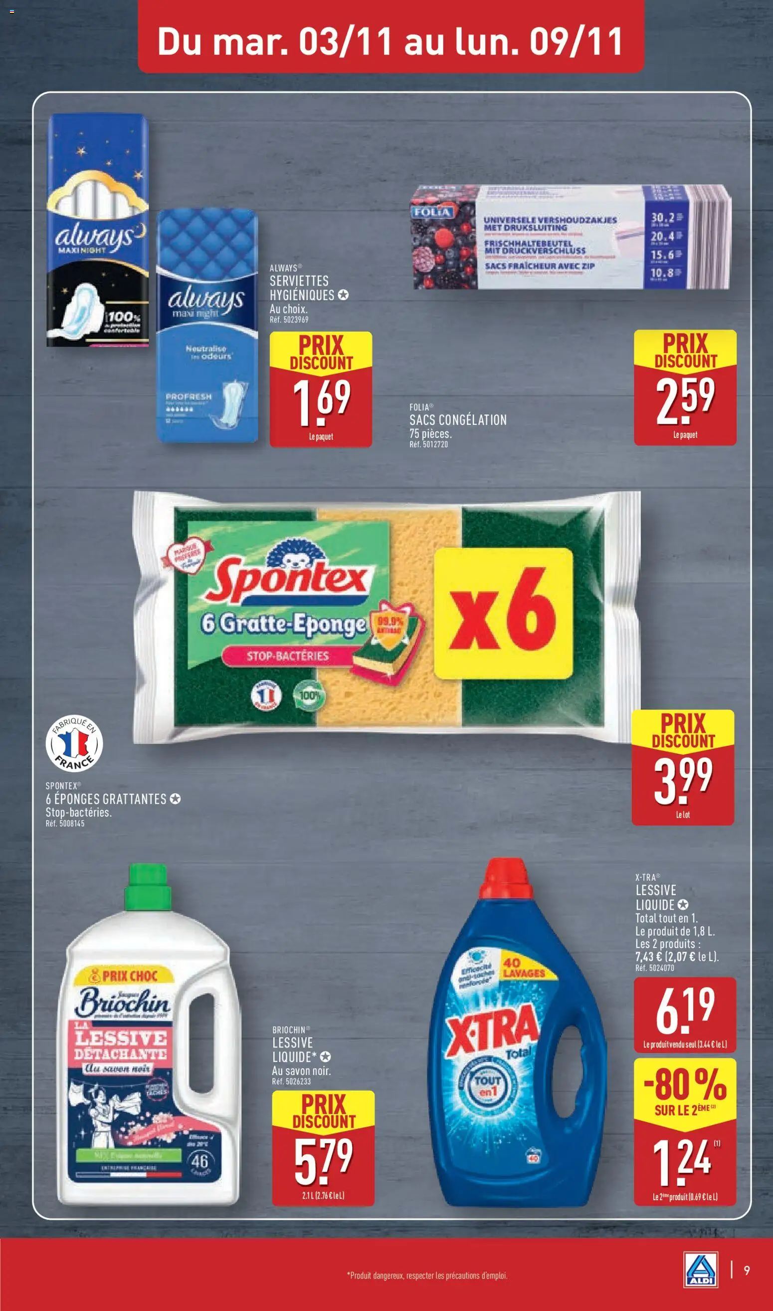 Prévisualisation de Aldi catalogue du magasin Aldi formulaire valide 03/11/2026 - Serviettes hygiéniques, Lessive, Always, Savon, Éponges, Détergent, Lessive Liquide, X-tra