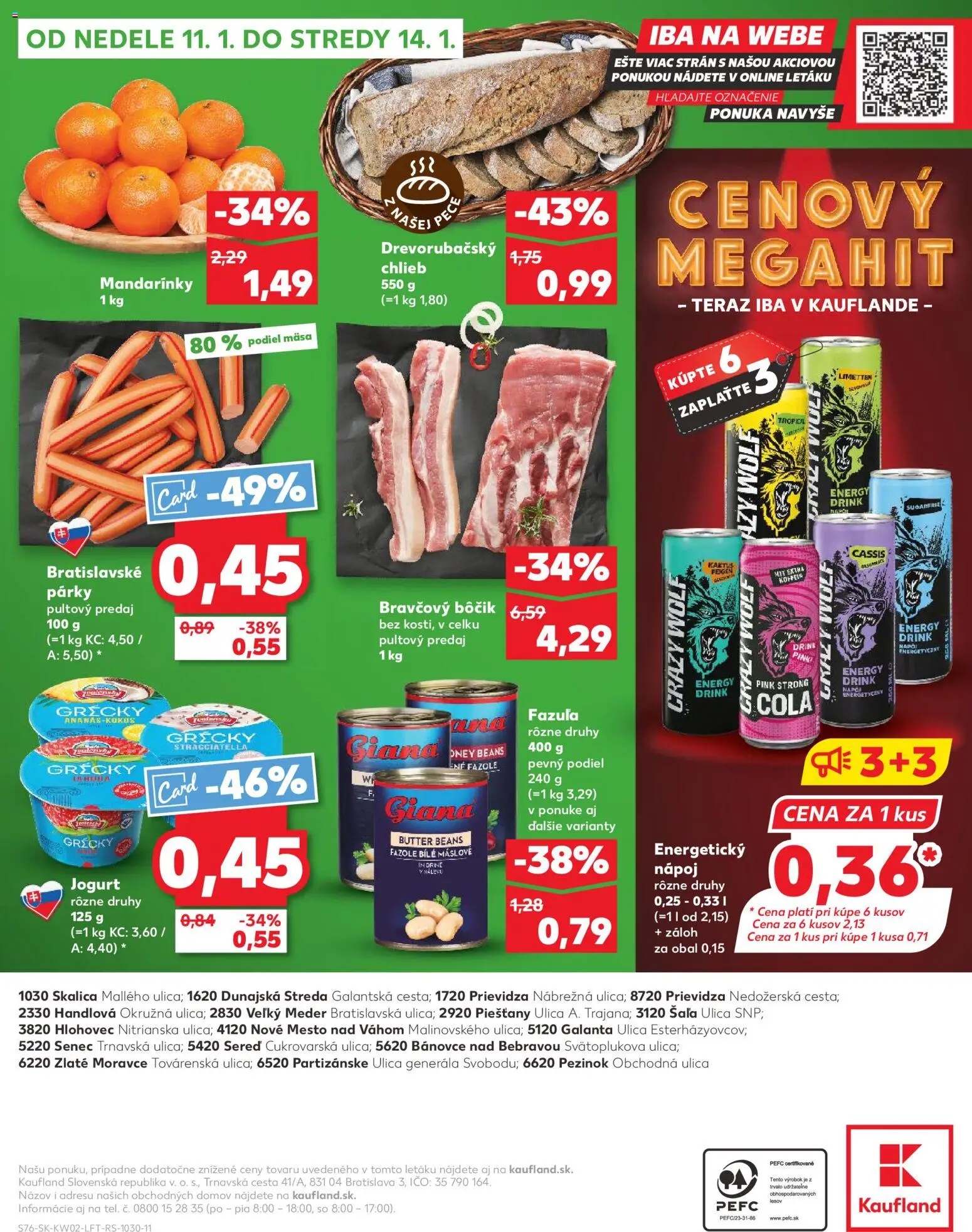 Náhľad Kaufland letáku platného od 08.01.2026 - Chlieb, Fazuľa, Jogurt, Párky, Cola, Energetický nápoj, Ananás, Mandarinky