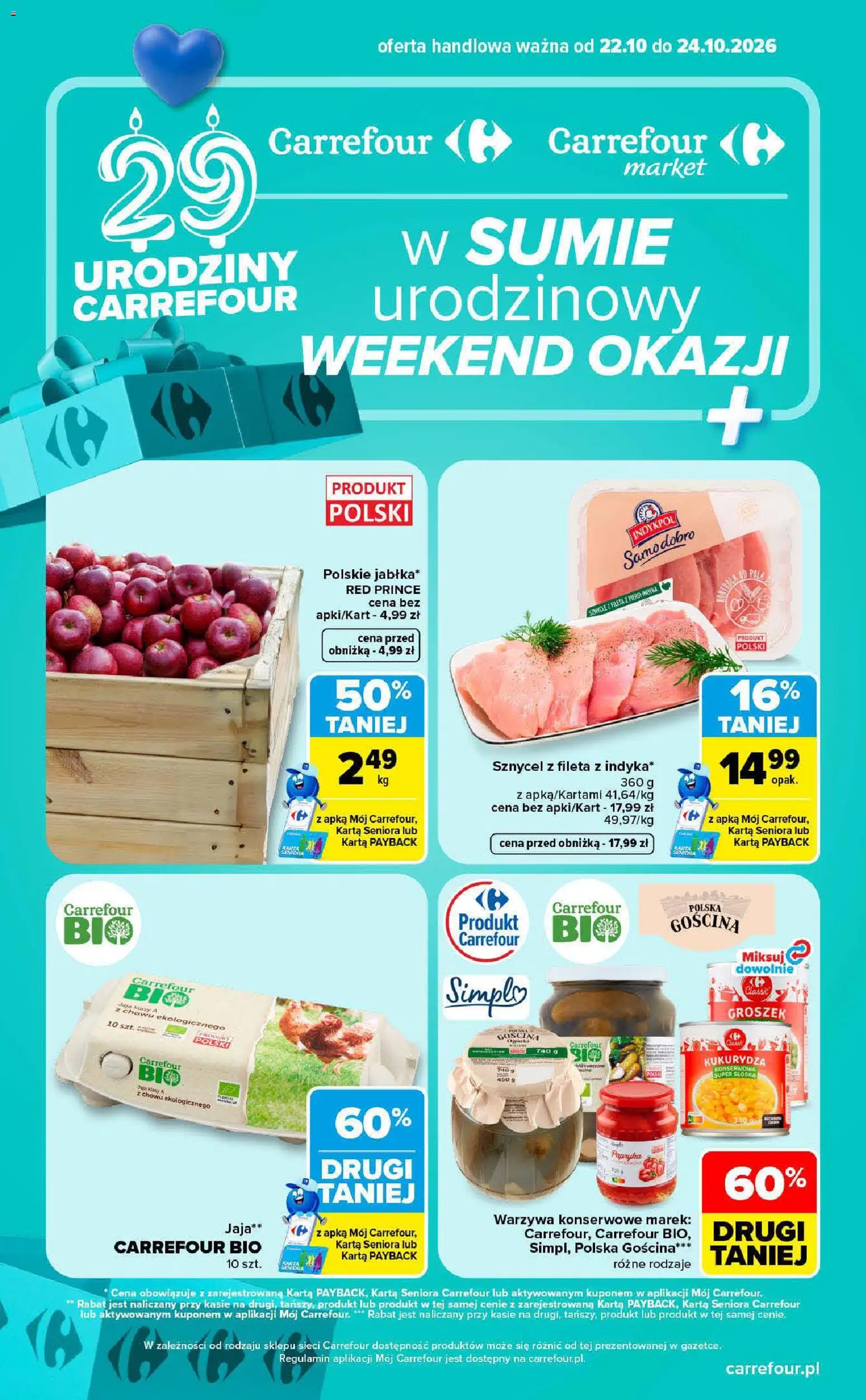 Pogląd gazetki "Carrefour gazetka - Weekend okazji" ze sklepu Carrefour ważnej od 22.10.2026 - Groszek, Warzywa, Kukurydza, Ogórki, Piersi, Papryka, Karta, Jaja