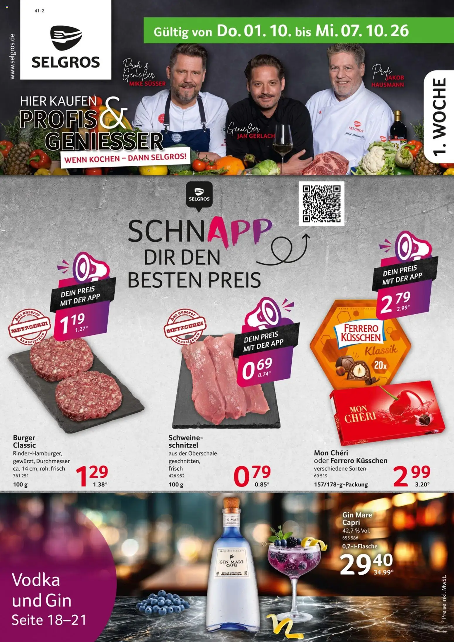 Vorschau von dem Prospekt des Geschäftes Selgros, gültig ab dem 01.10.2026 - Burger, Schnitzel, Gin, Vodka, Mon cheri