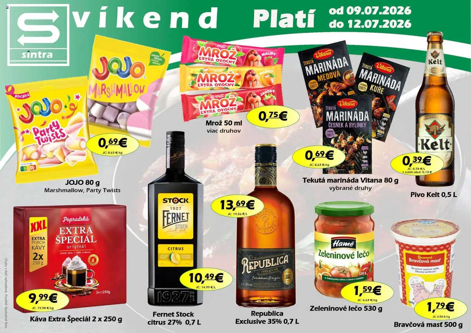 Náhľad Sintra letáku platného od 09.07.2026 - Pivo, Bylinky, Fernet, Maliny, Kelt, Bravčová masť, Republica, Mletá káva