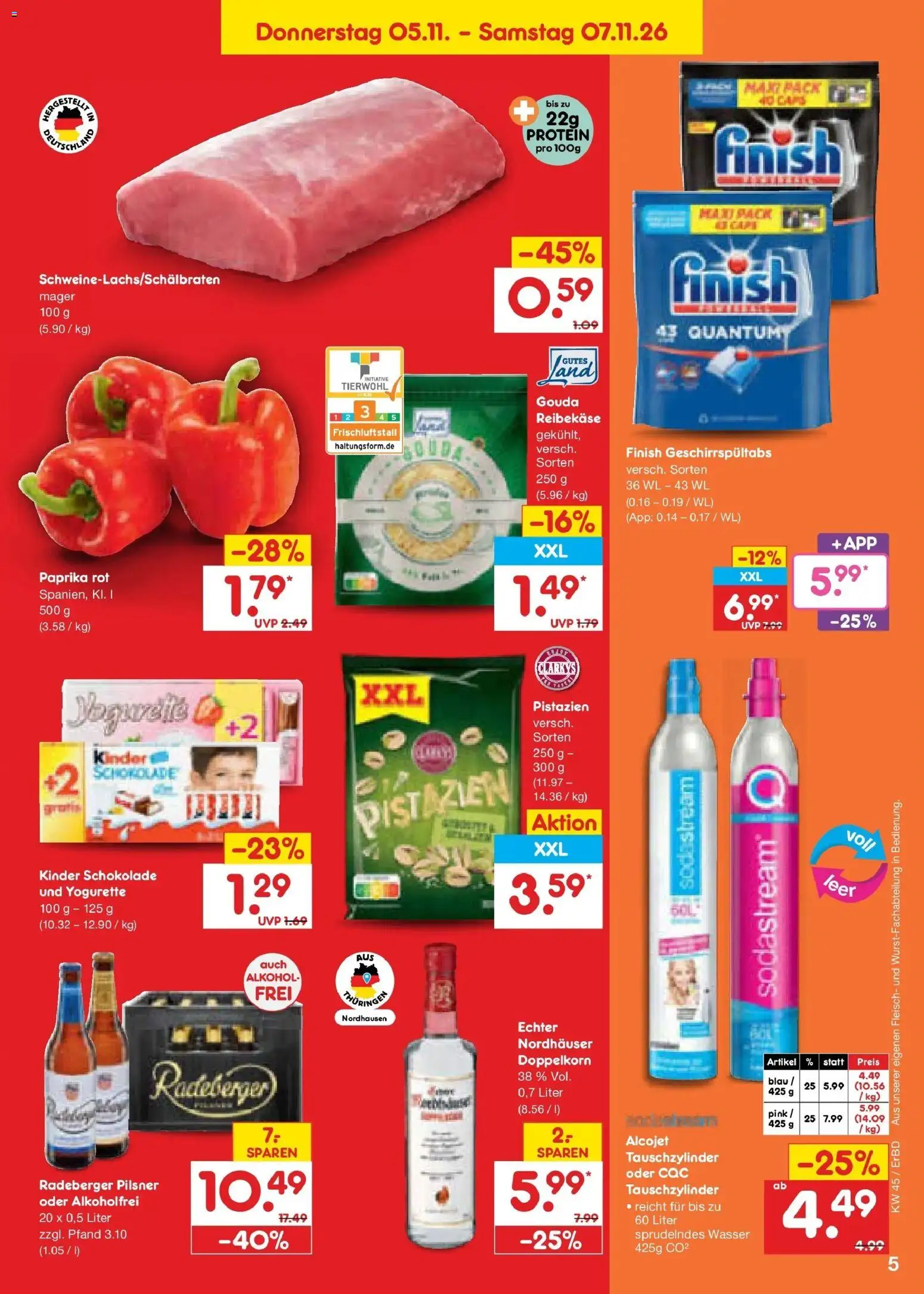 Vorschau von dem Prospekt des Geschäftes Netto Marken-Discount, gültig ab dem 02.11.2026 - Wasser, Alkohol, Fleisch, Paprika, Yogurette, Gouda, Radeberger pilsner, Kinder schokolade